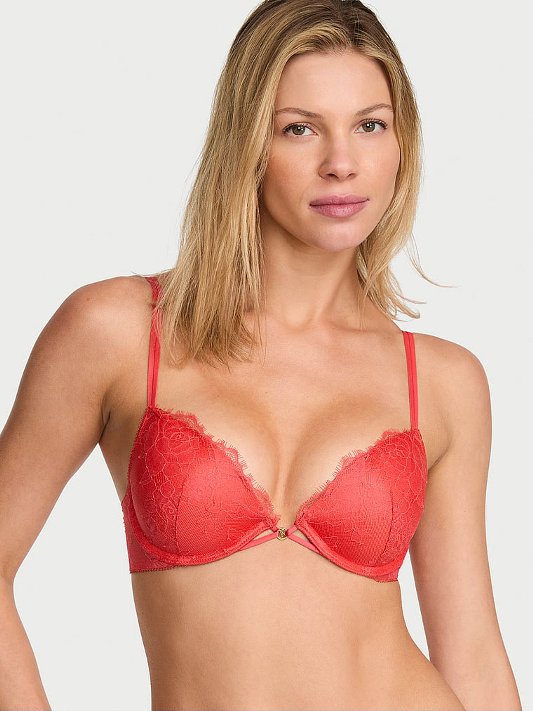 Hot Coral Pink Push Up Lace Bra - Image 1 of 2