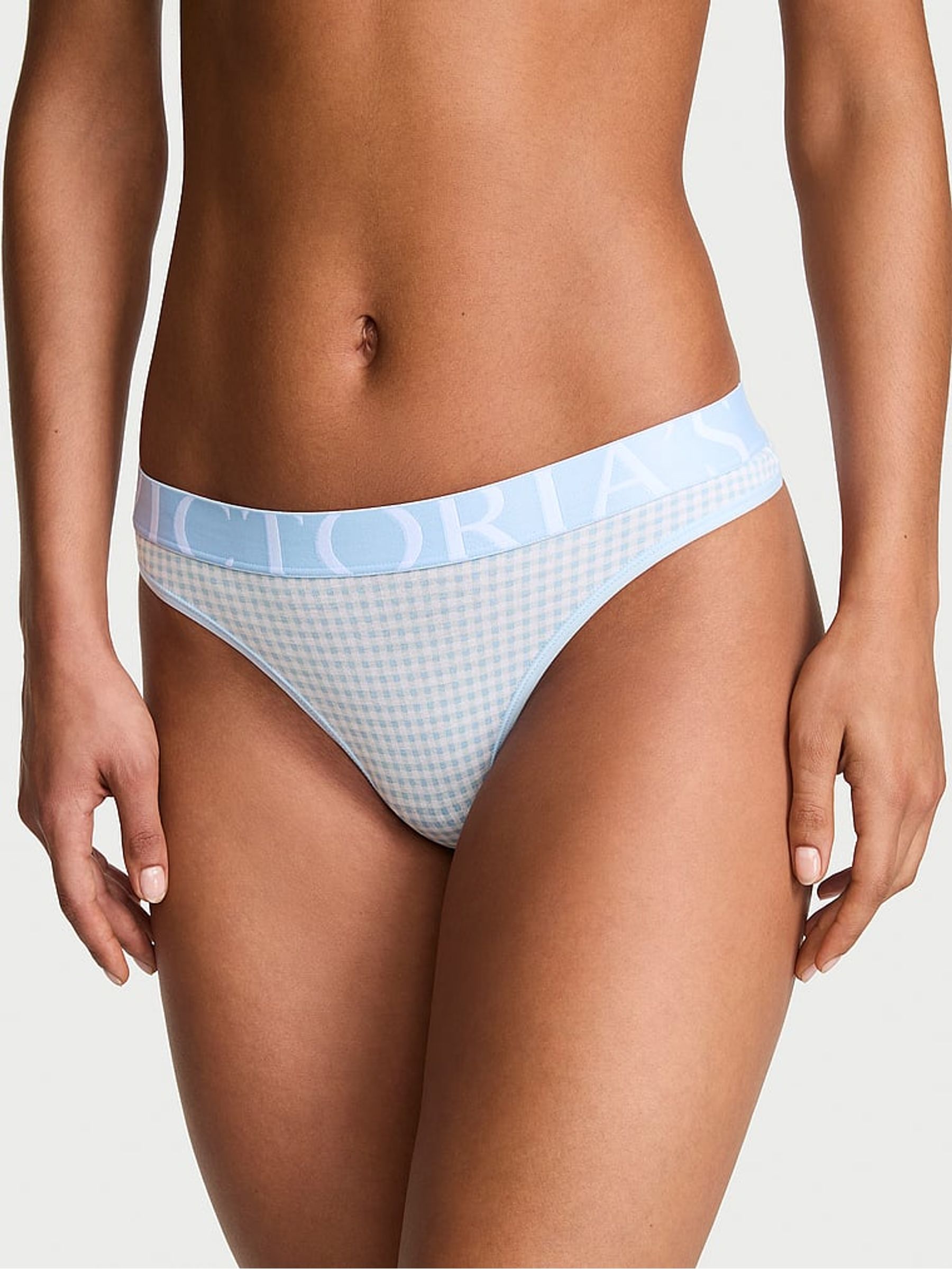 Linen Blue Gingham Thong Exploded Logo Knickers - Image 1 of 2