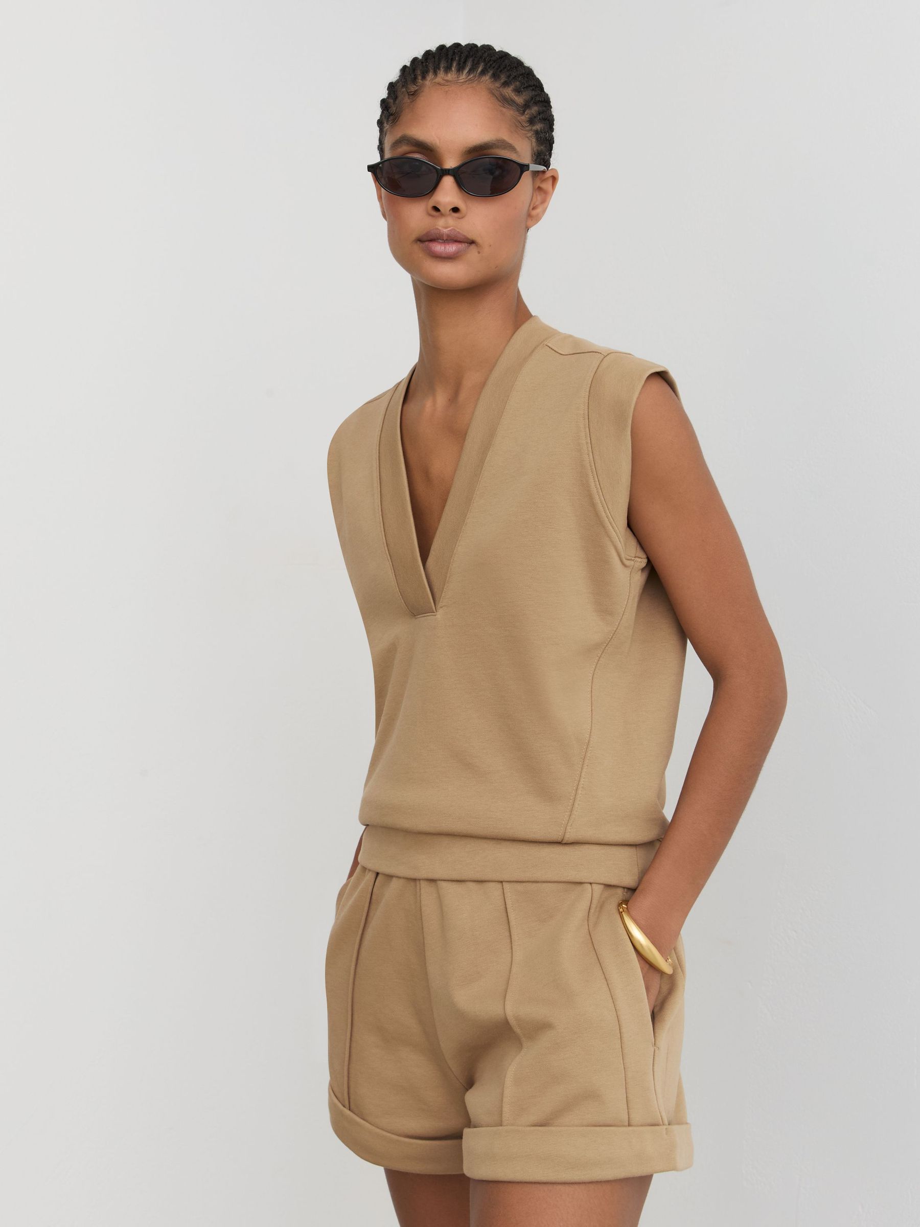 Cotton-Blend Sleeveless V-Neck Sweat Top in Tan Neutral - image 2