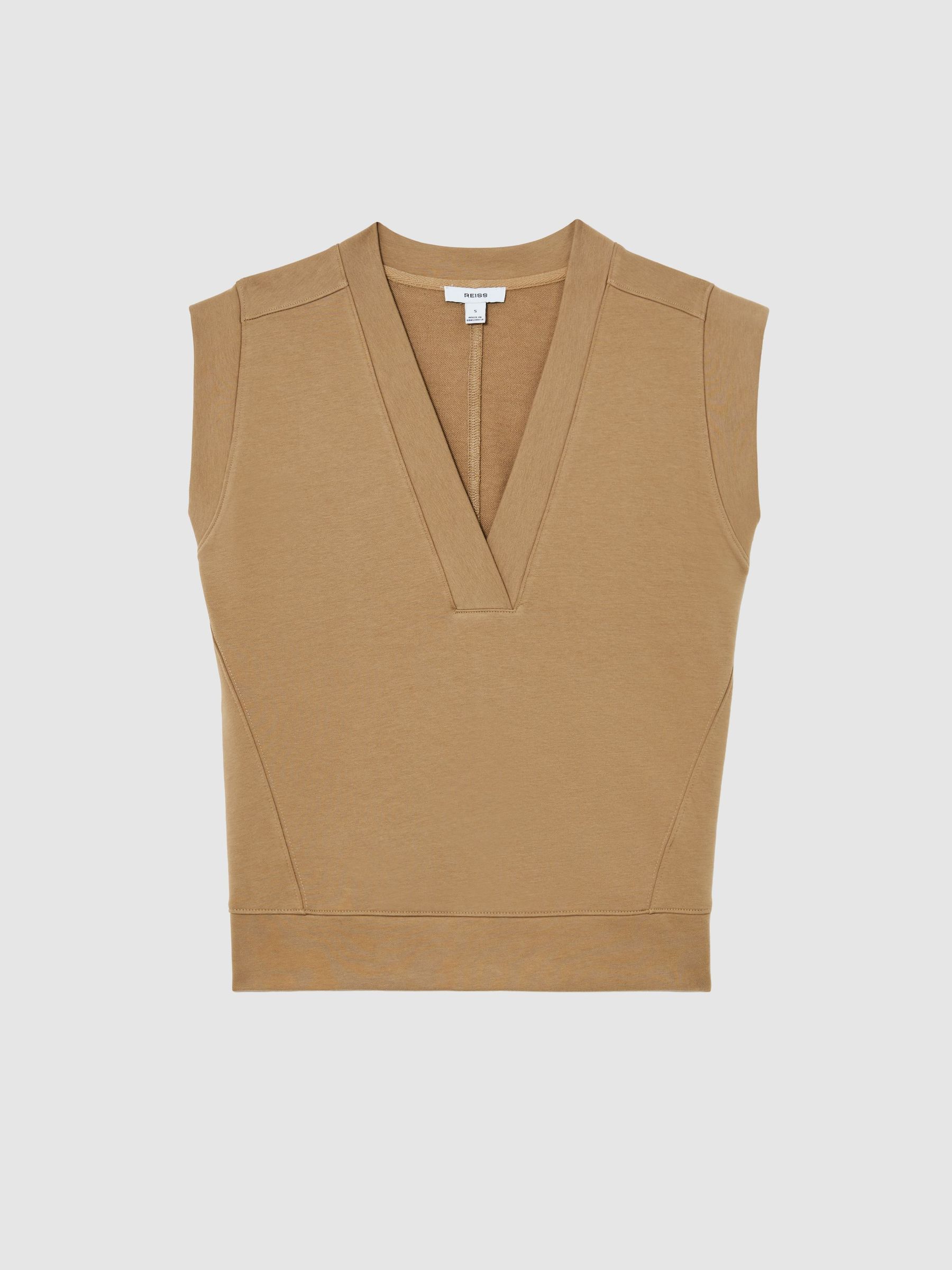 Cotton-Blend Sleeveless V-Neck Sweat Top in Tan Neutral - image 1
