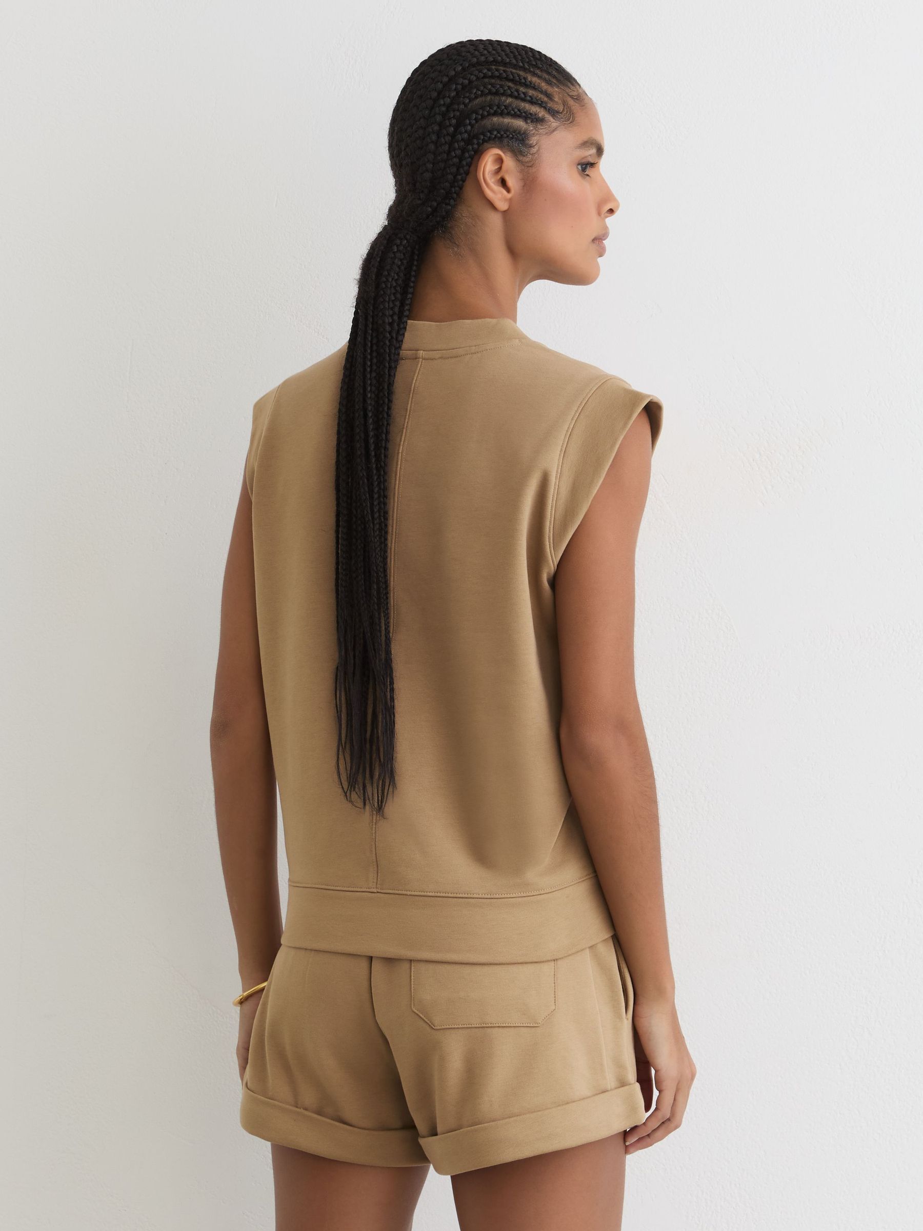 Cotton-Blend Sleeveless V-Neck Sweat Top in Tan Neutral - Image 5 of 6