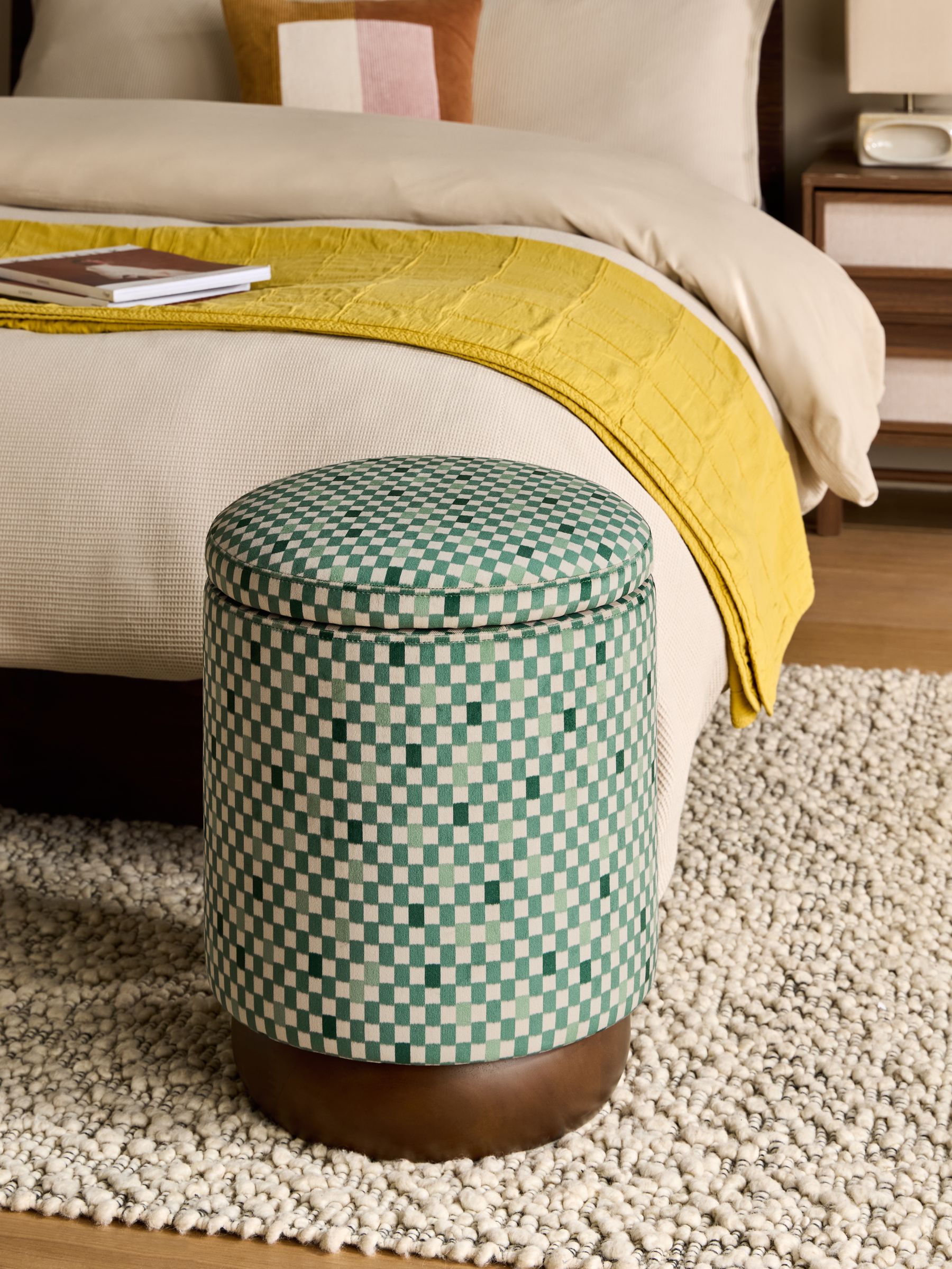 Inara Storage Stool in Green Checked Velvet - Image 2 of 5