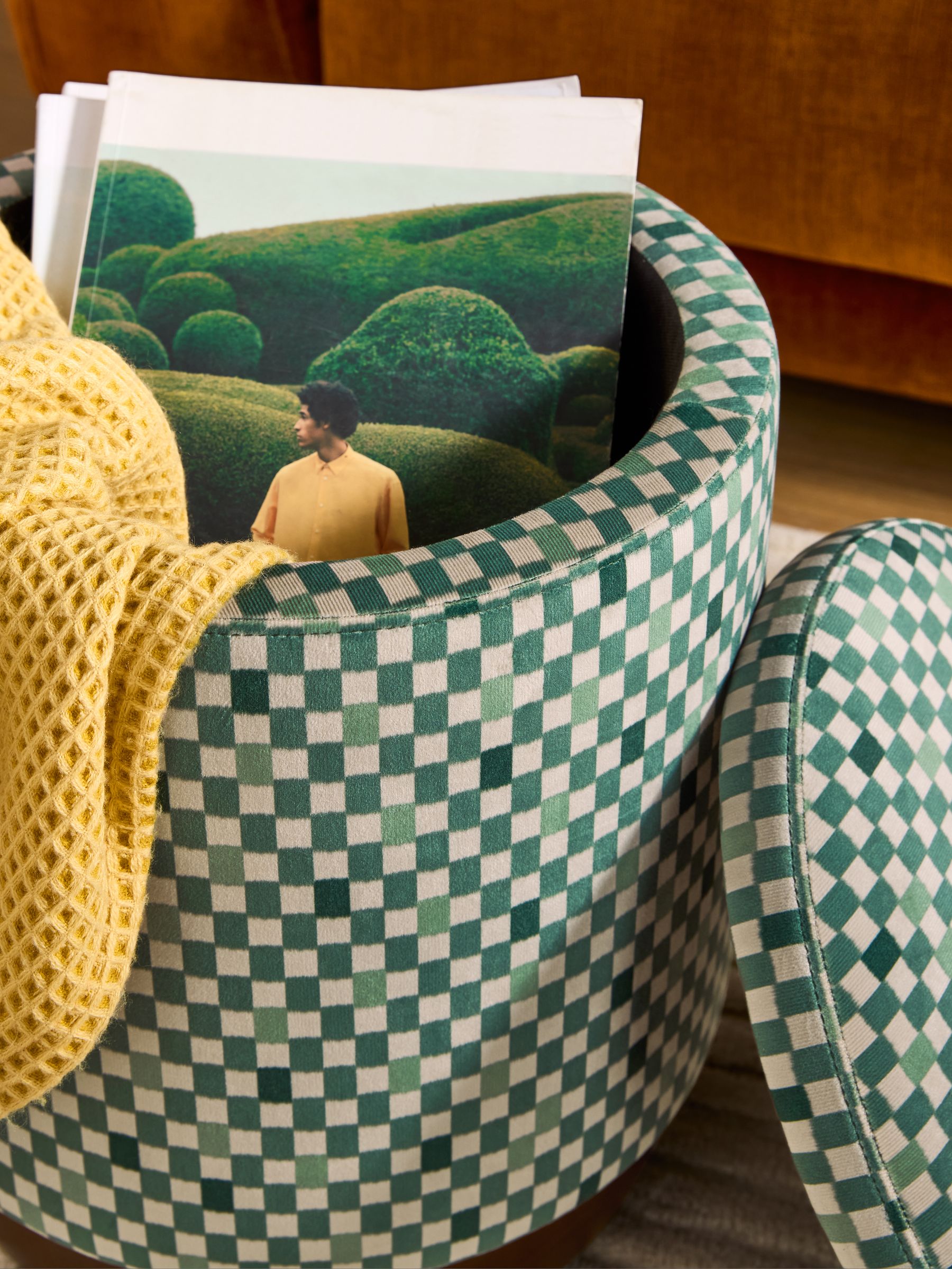 Inara Storage Stool in Green Checked Velvet - Image 3 of 5