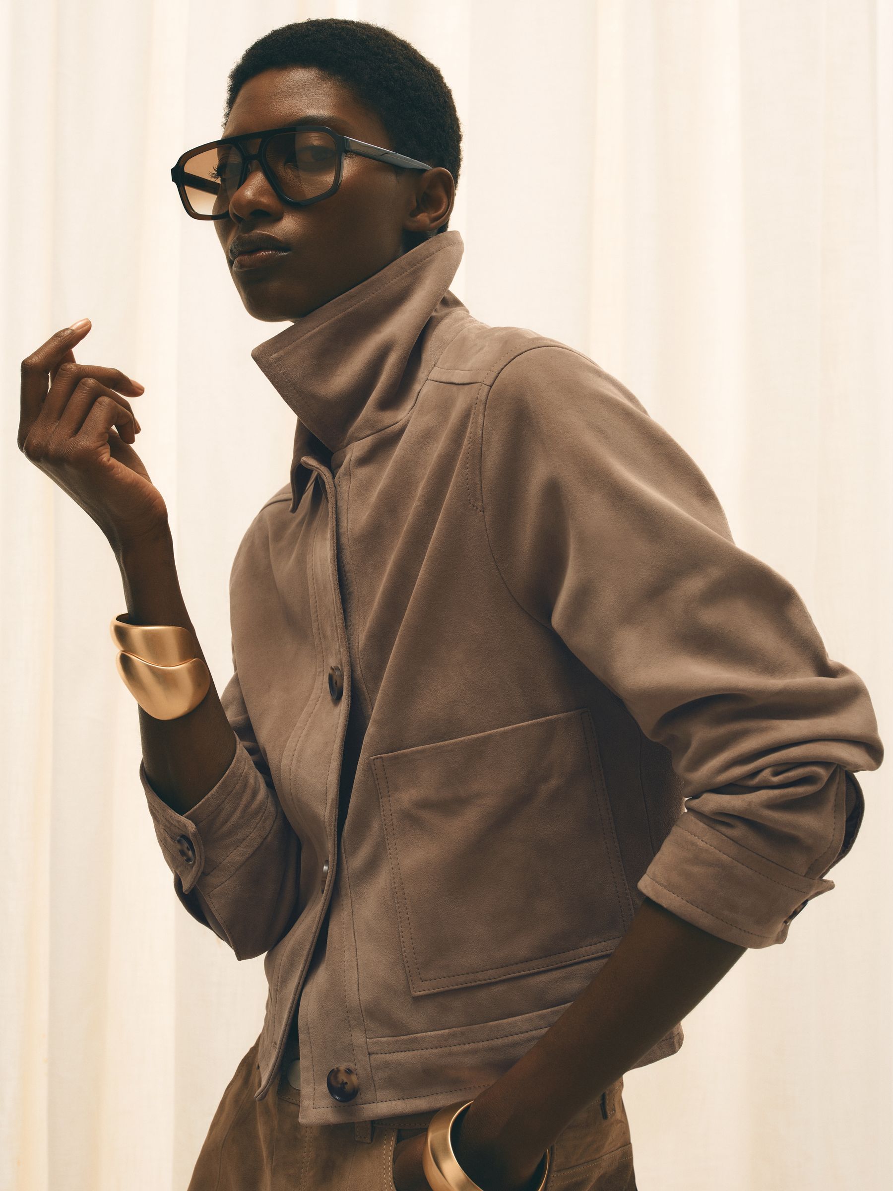 Suede Cropped Trucker Jacket in Neutral - image 3