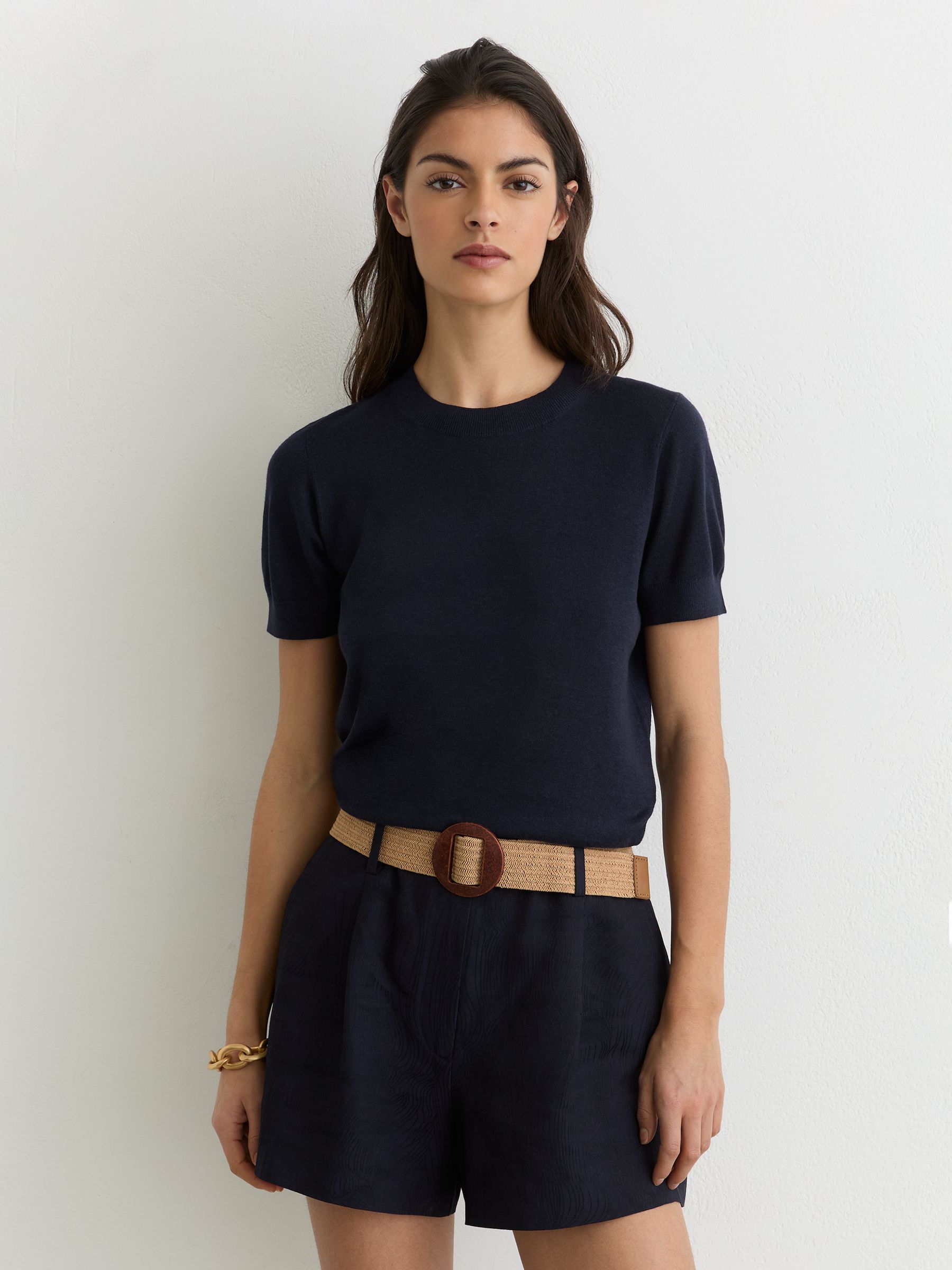 Short-Sleeve Knitted Top with Linen in Navy - Image 1 of 6