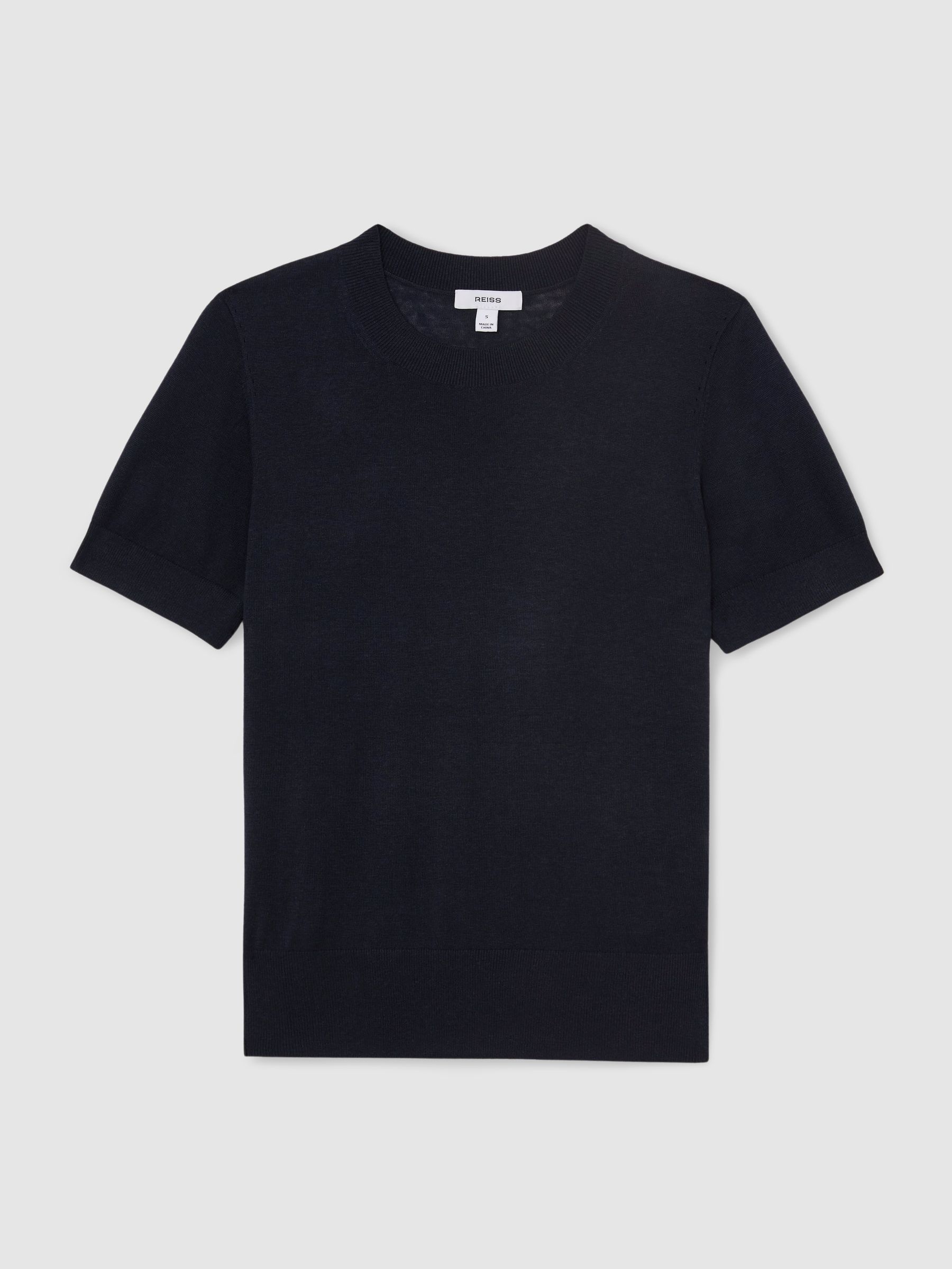 Short-Sleeve Knitted Top with Linen in Navy - Image 2 of 6
