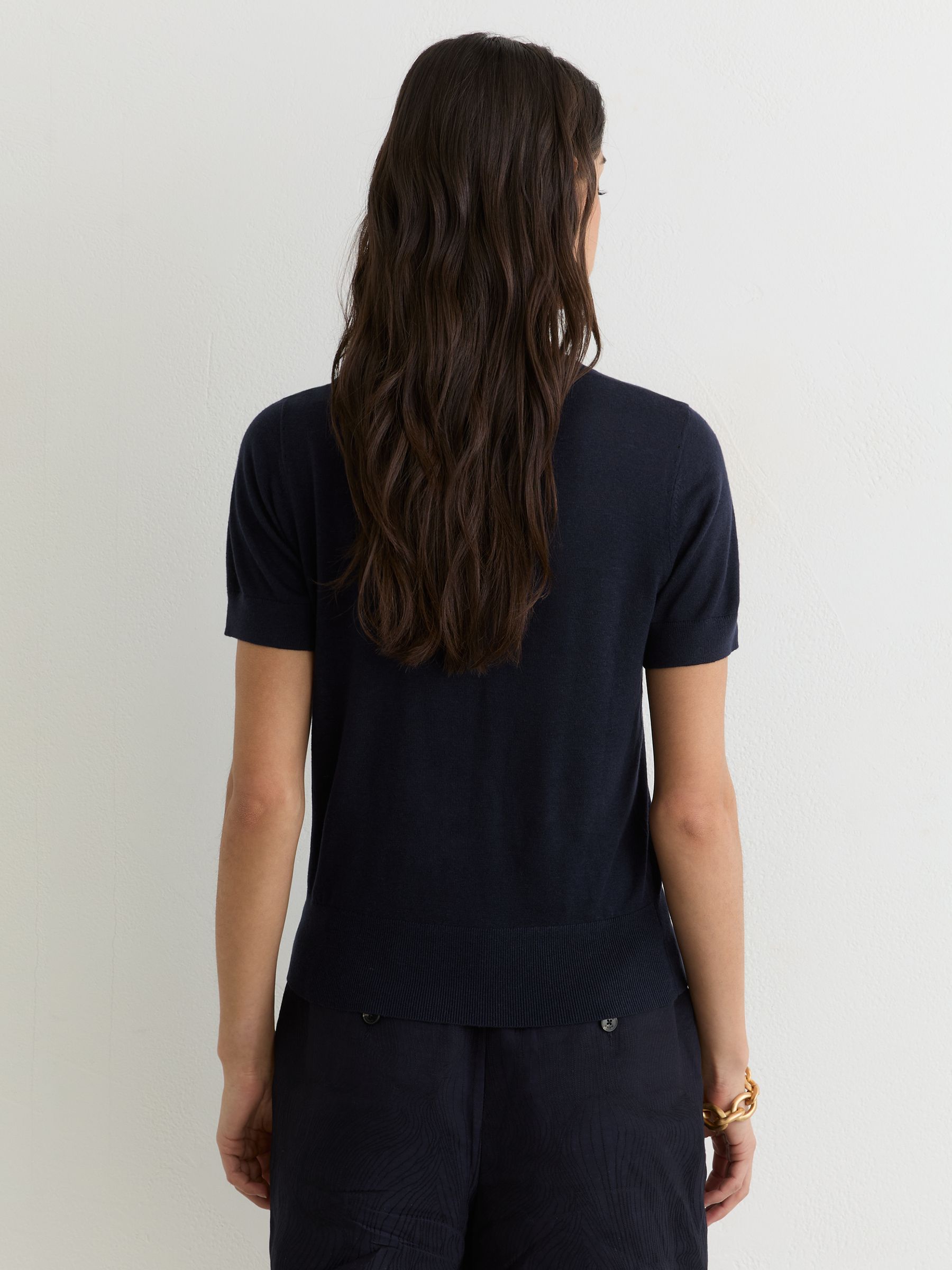 Short-Sleeve Knitted Top with Linen in Navy - Image 5 of 6