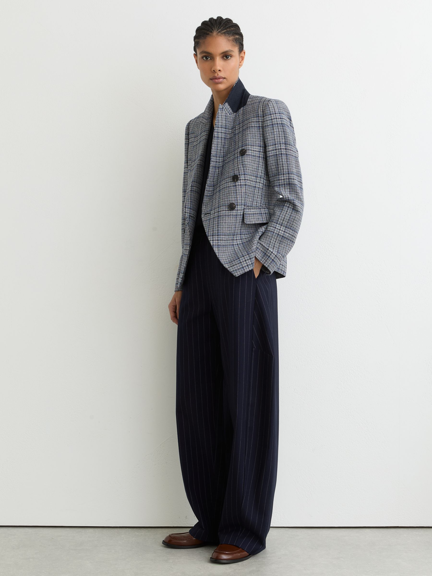 Petite Double-Breasted Check Blazer Cotton-Linen in Navy Check - Image 1 of 6