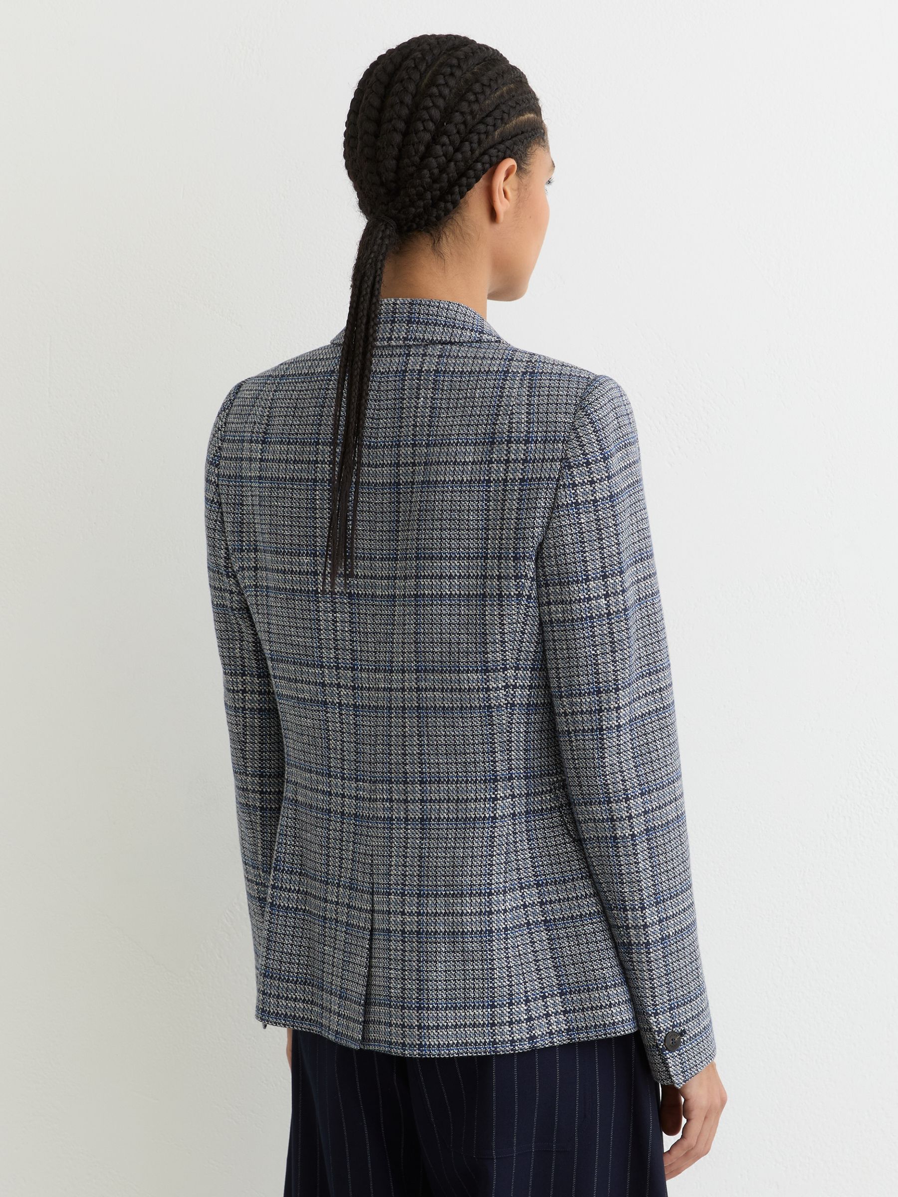 Petite Double-Breasted Check Blazer Cotton-Linen in Navy Check - image 5