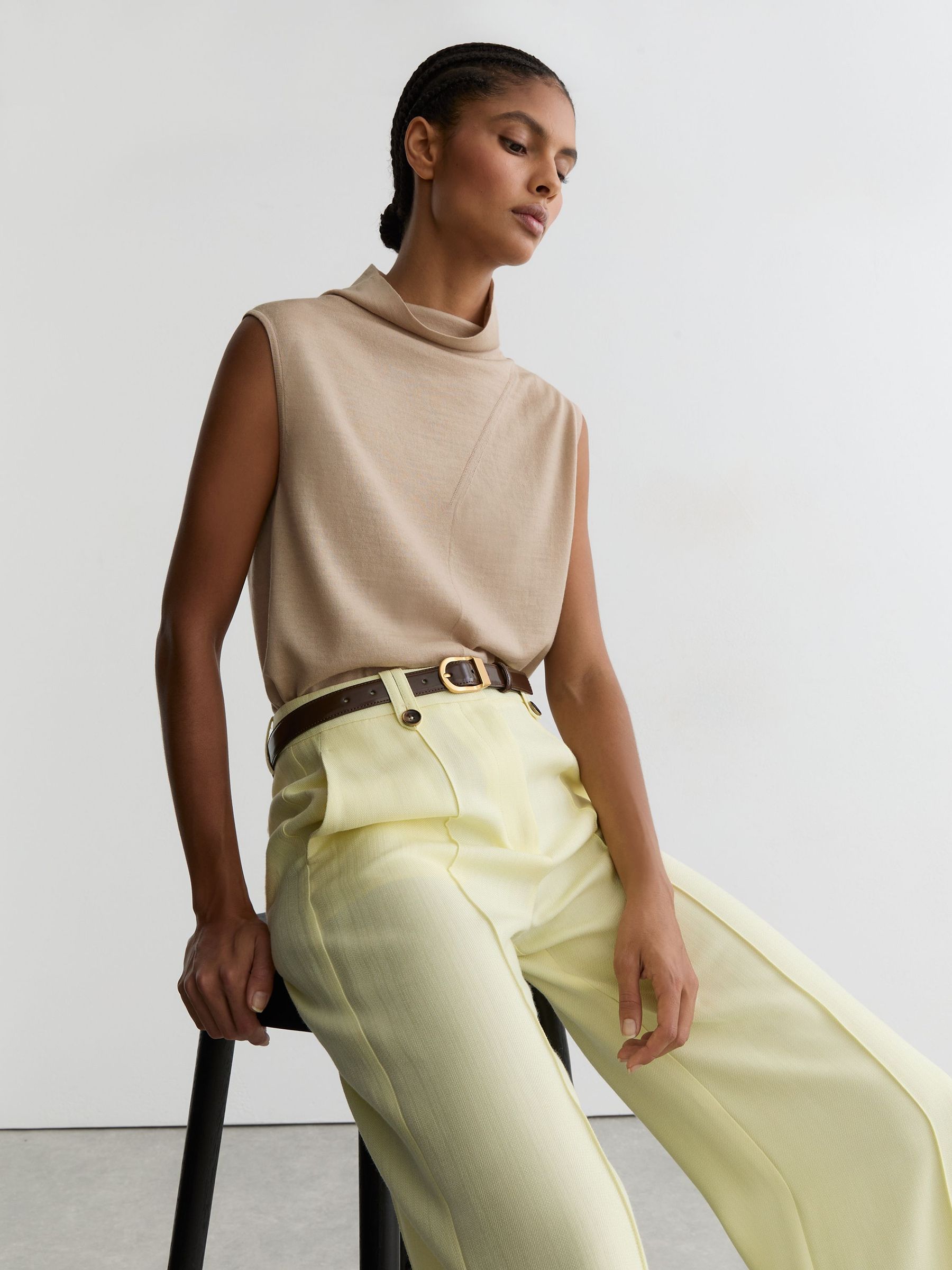 Wool Funnel-Neck Sleeveless Knit Top in Neutral - image 5