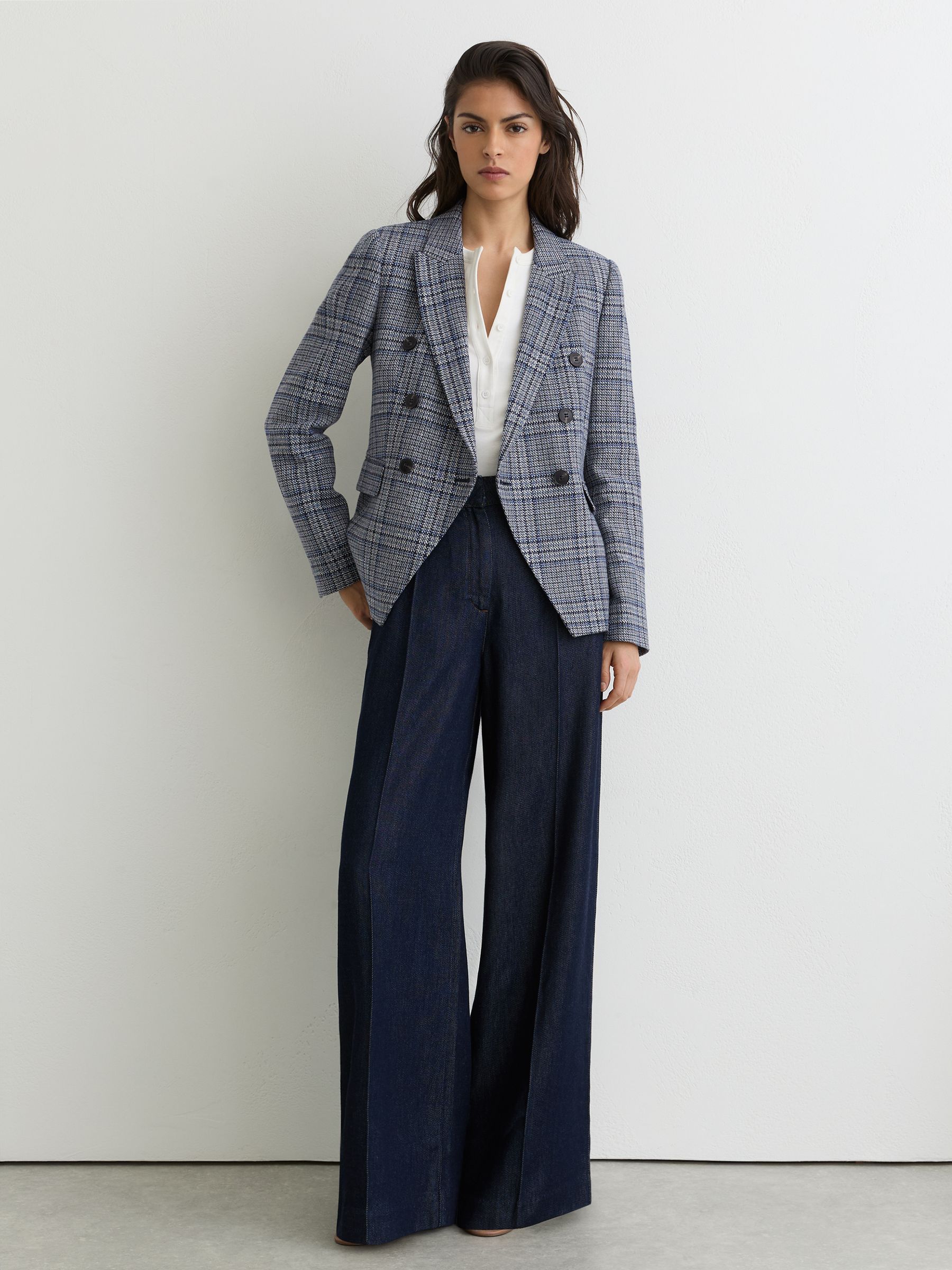 Double-Breasted Check Blazer Cotton-Linen in Navy Check - image 2