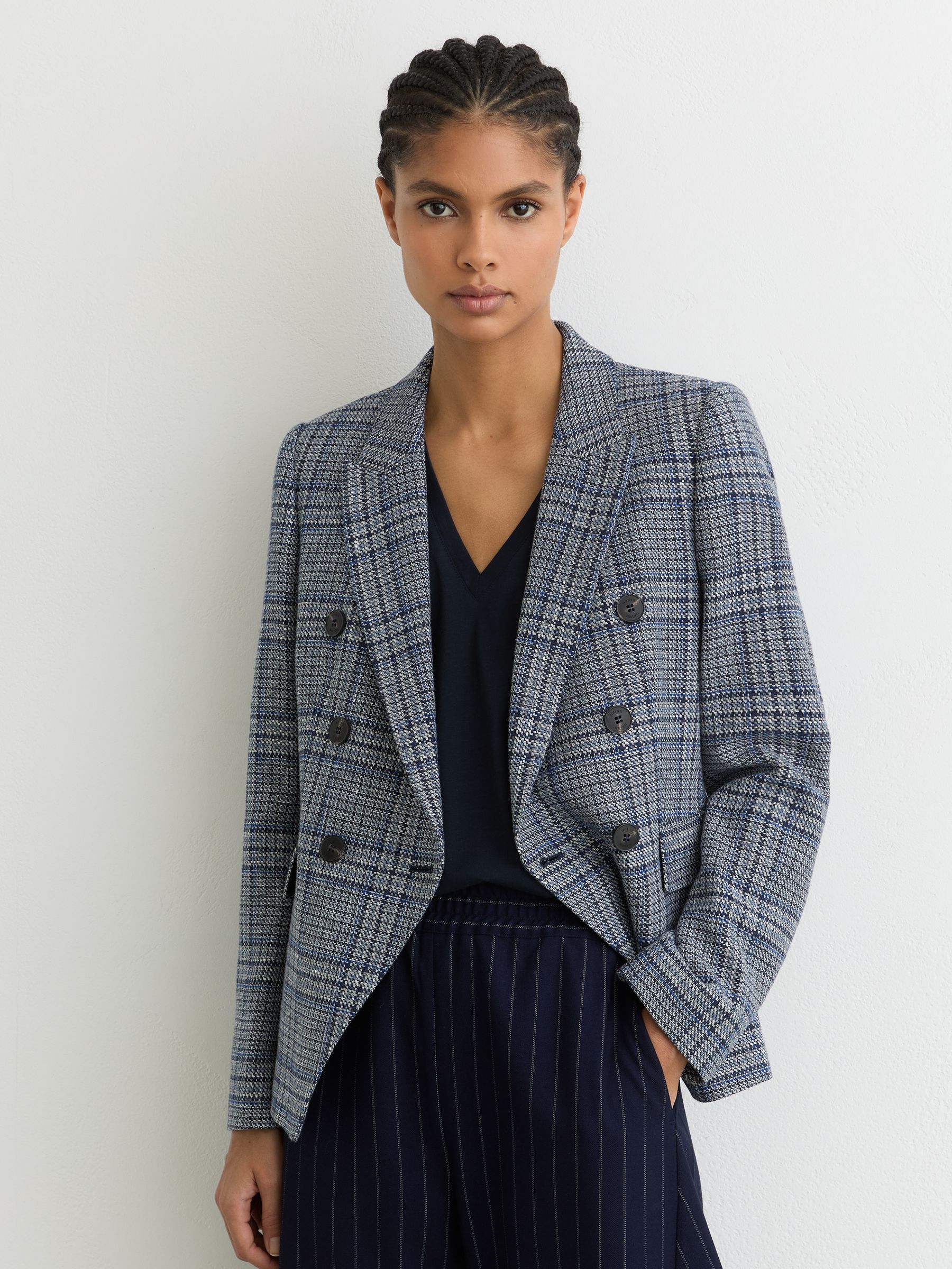Double-Breasted Check Blazer Cotton-Linen in Navy Check - Image 1 of 6