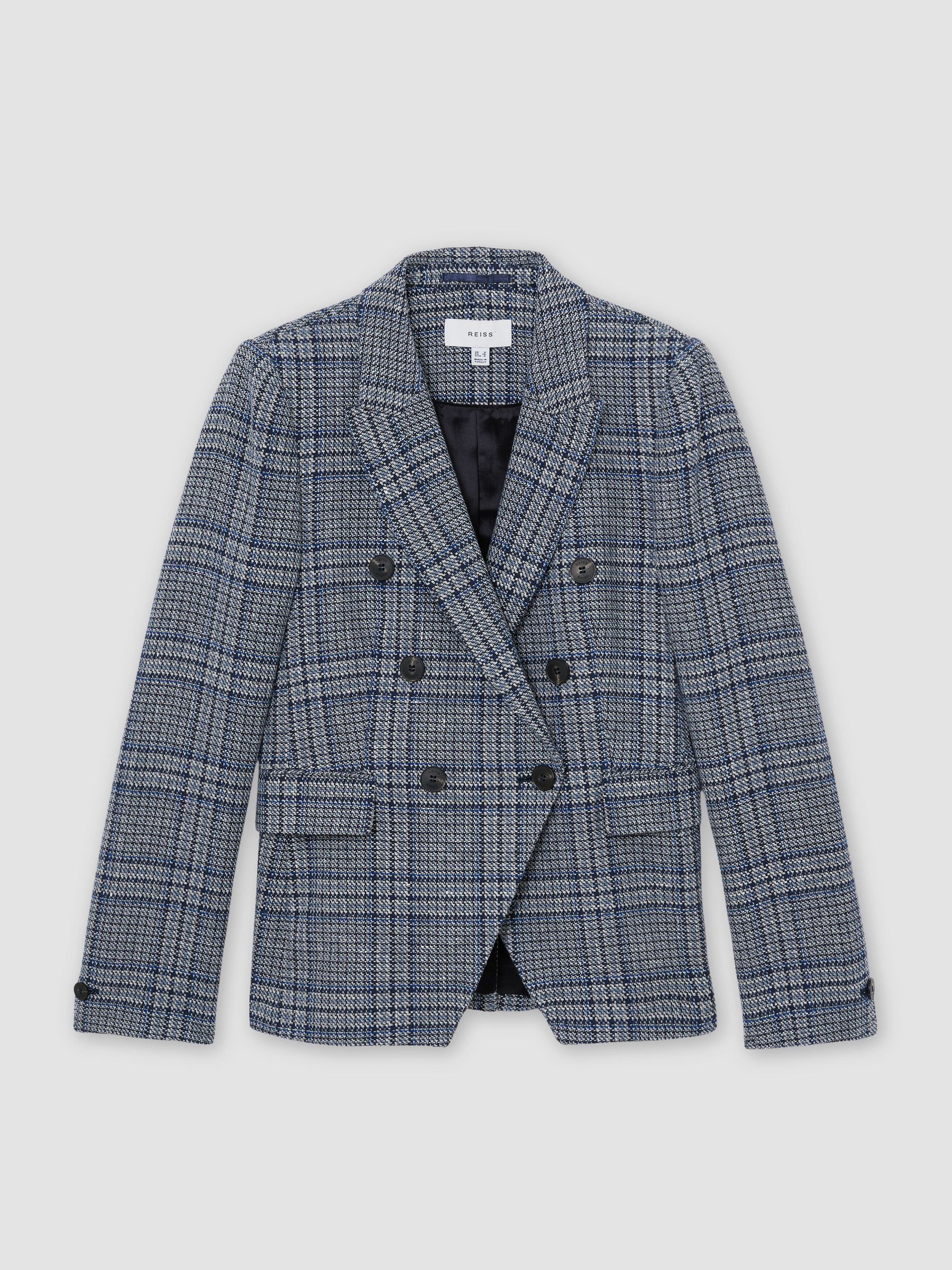 Double-Breasted Check Blazer Cotton-Linen in Navy Check - image 1