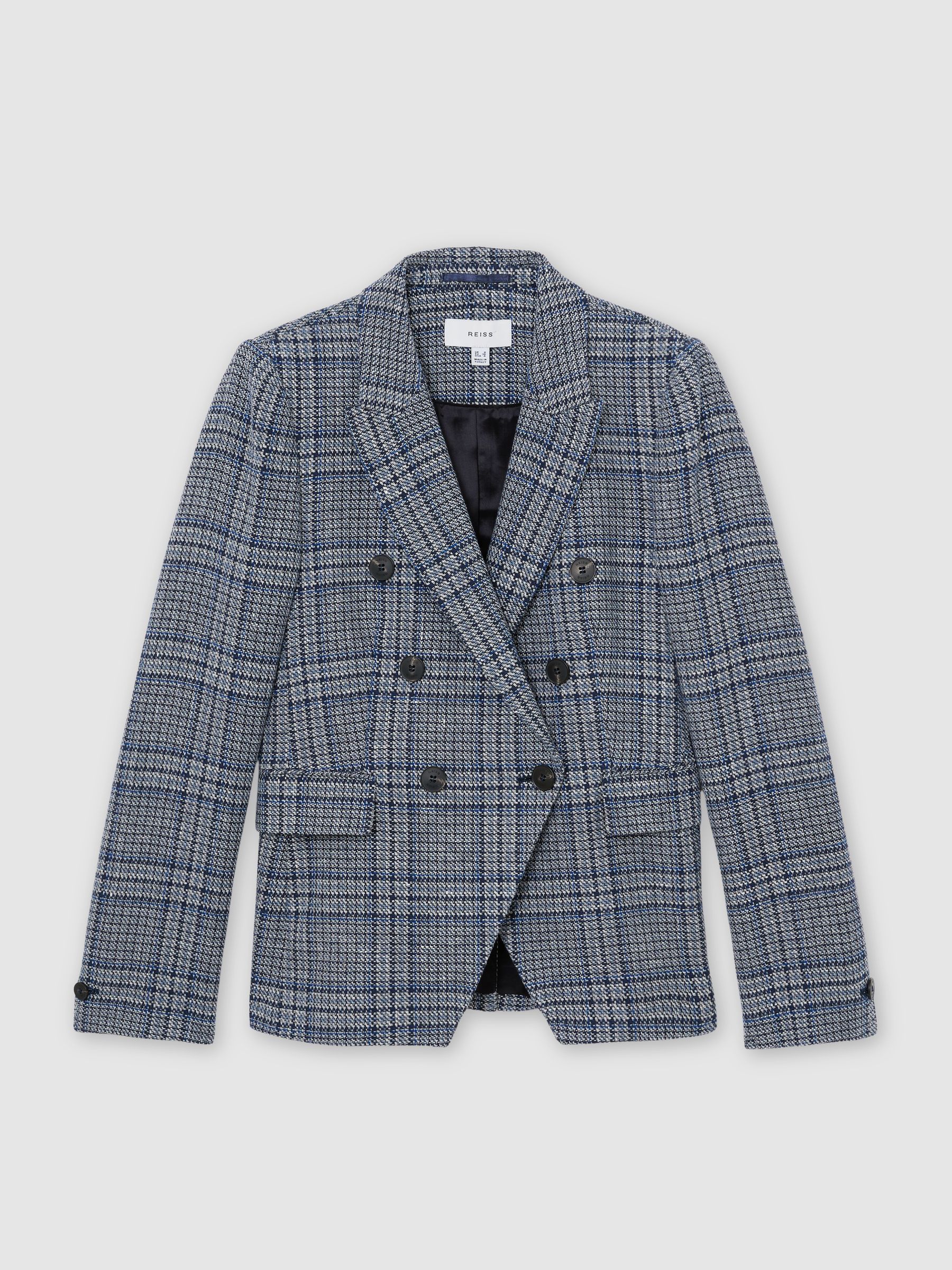 Double-Breasted Check Blazer Cotton-Linen in Navy Check - Image 2 of 6
