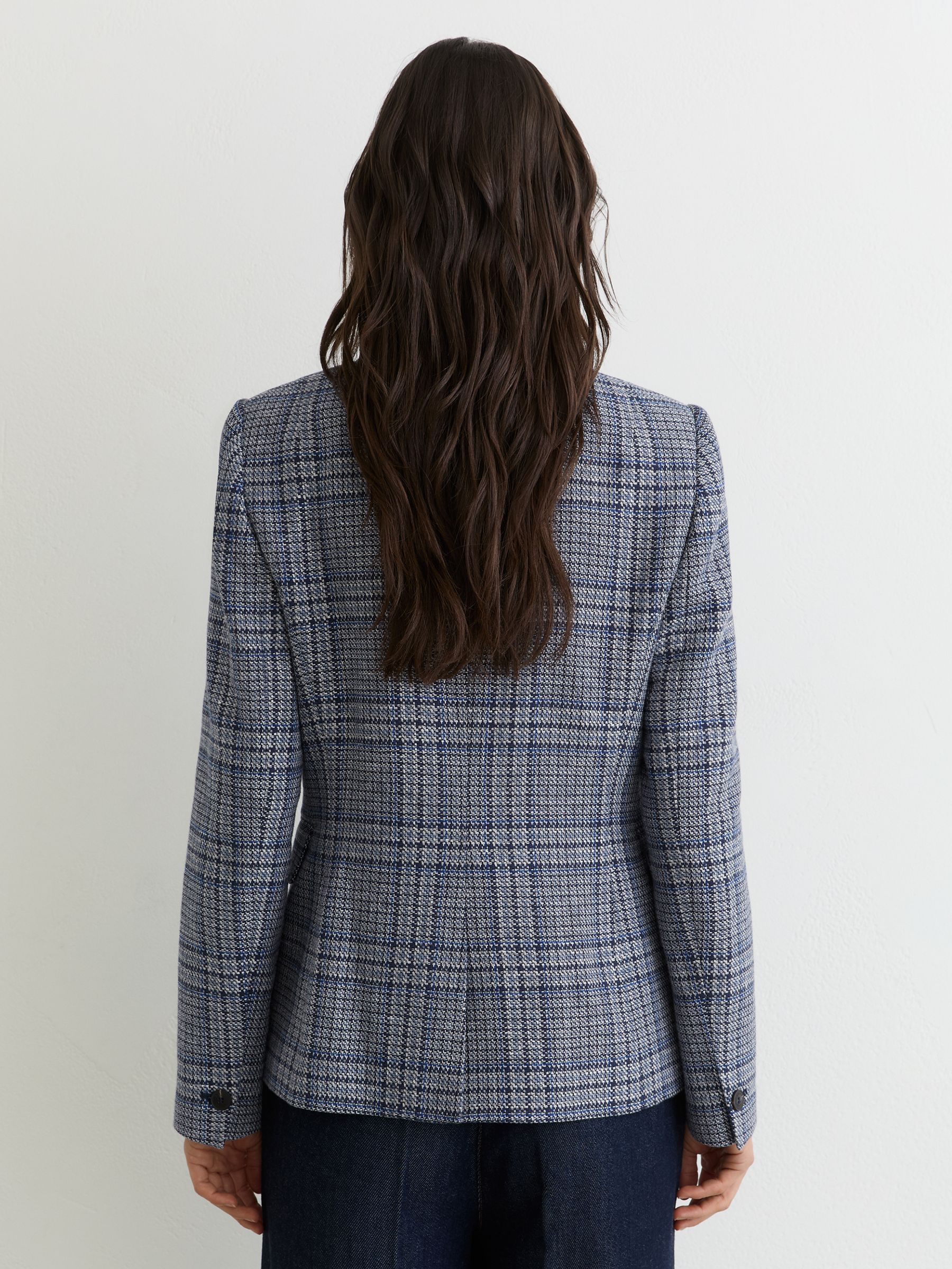 Double-Breasted Check Blazer Cotton-Linen in Navy Check - image 5