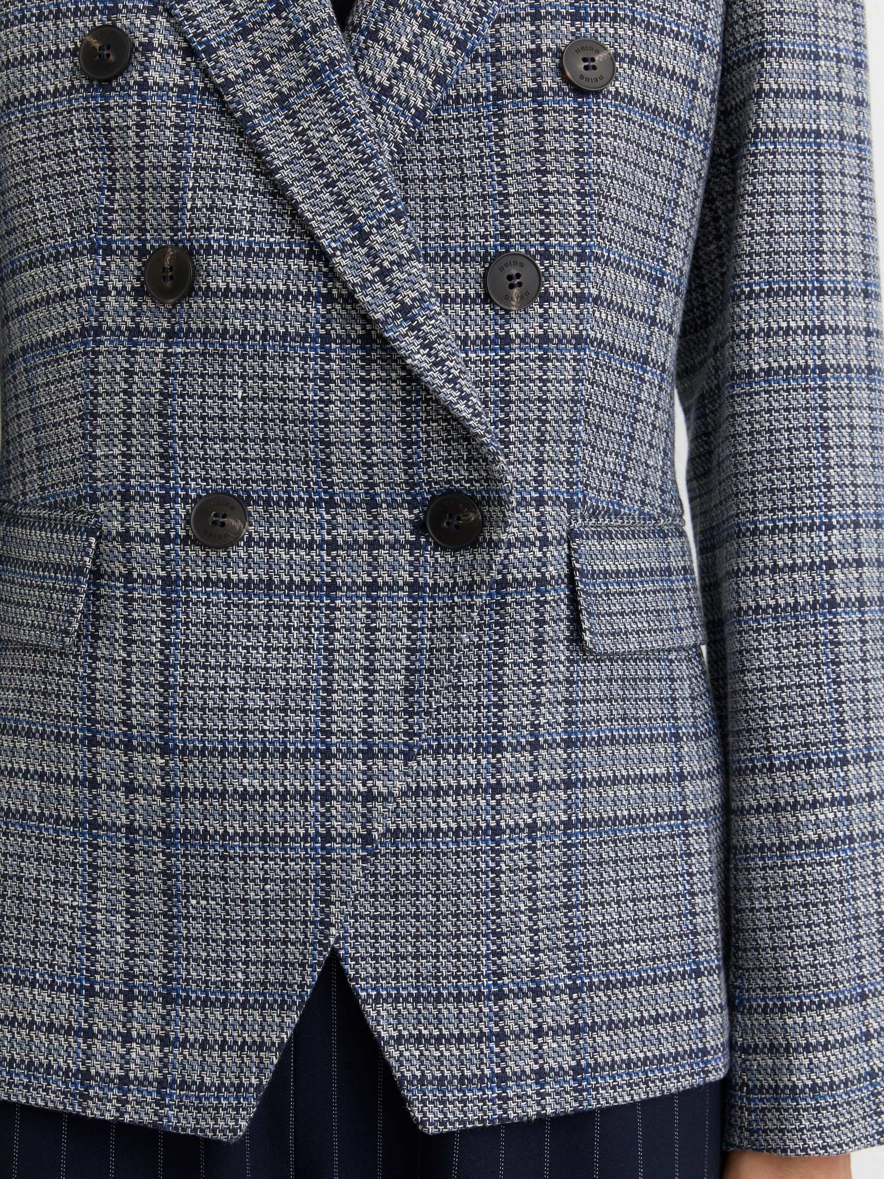 Double-Breasted Check Blazer Cotton-Linen in Navy Check - Image 4 of 6
