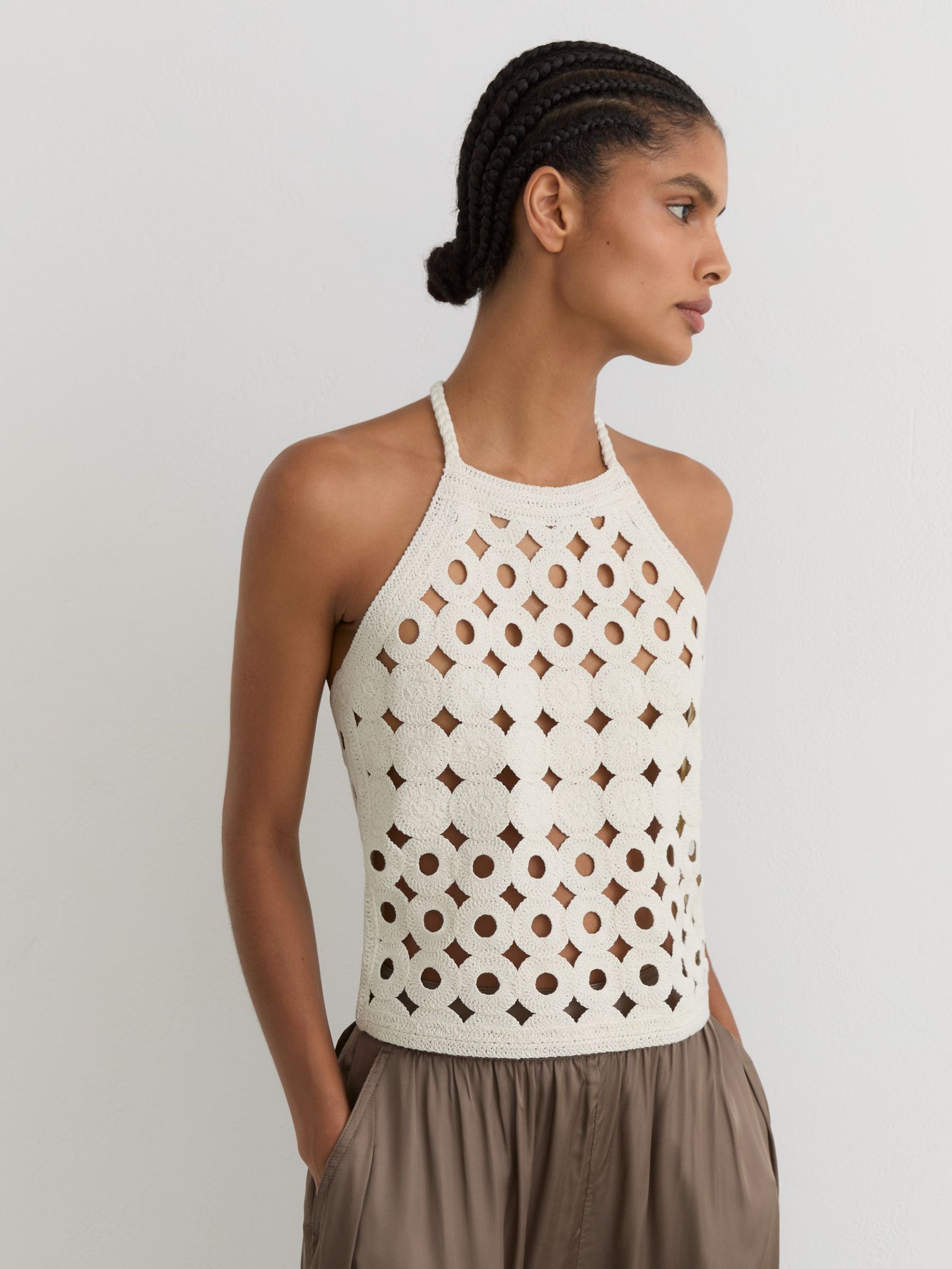 Cotton Cut-Out Knitted Halterneck Top in White - image 2