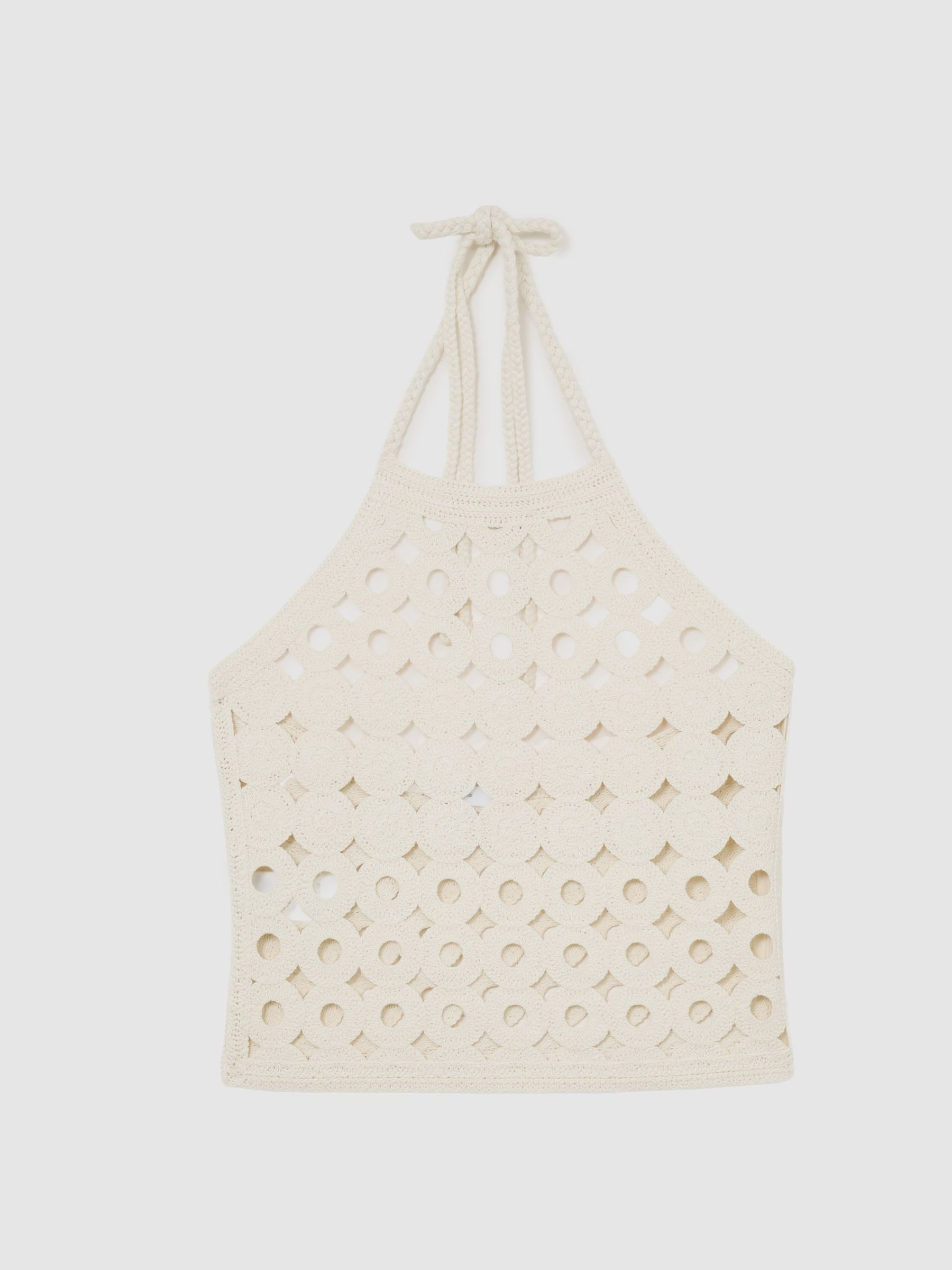 Cotton Cut-Out Knitted Halterneck Top in White - image 1