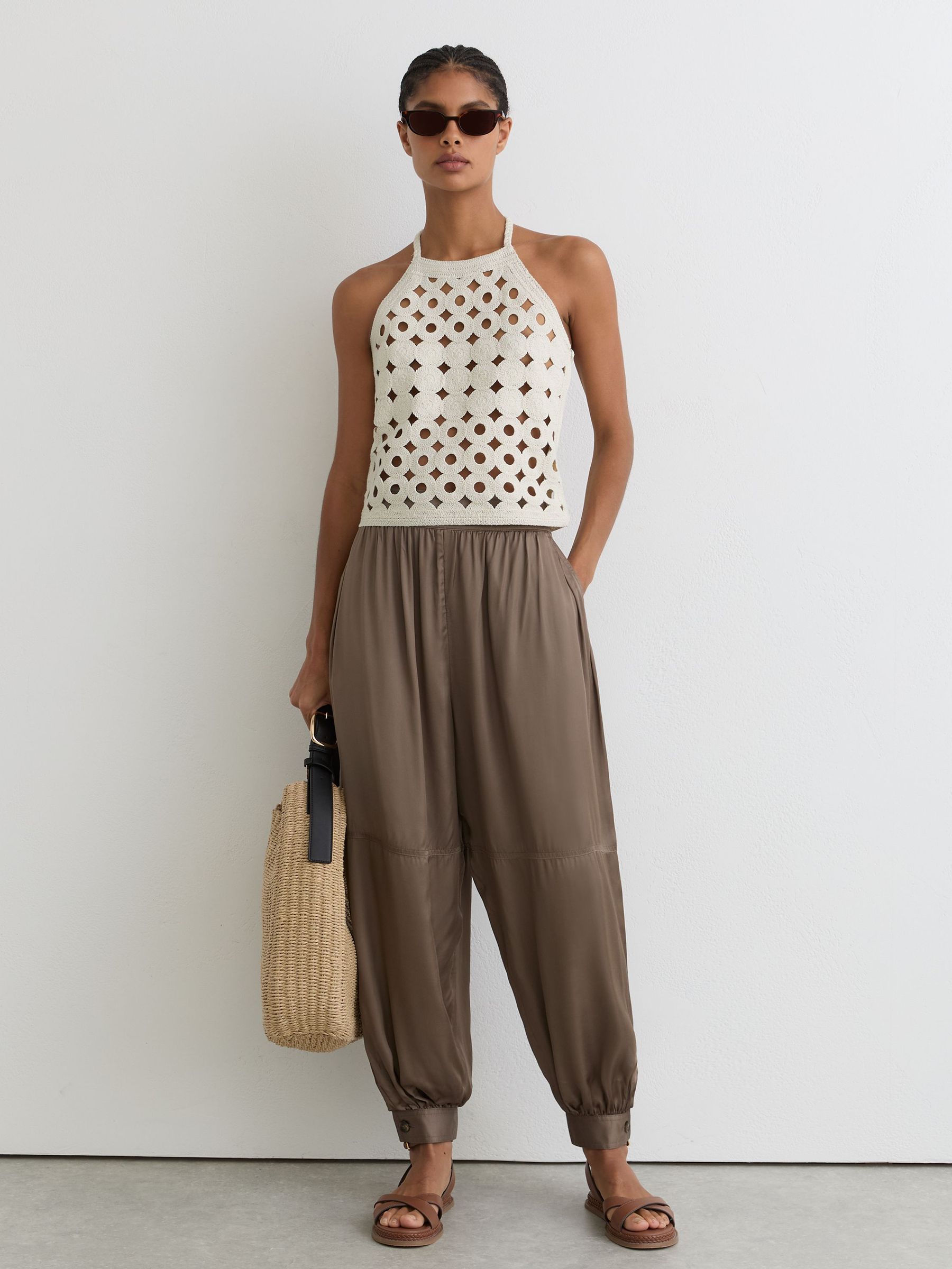 Cotton Cut-Out Knitted Halterneck Top in White - image 5