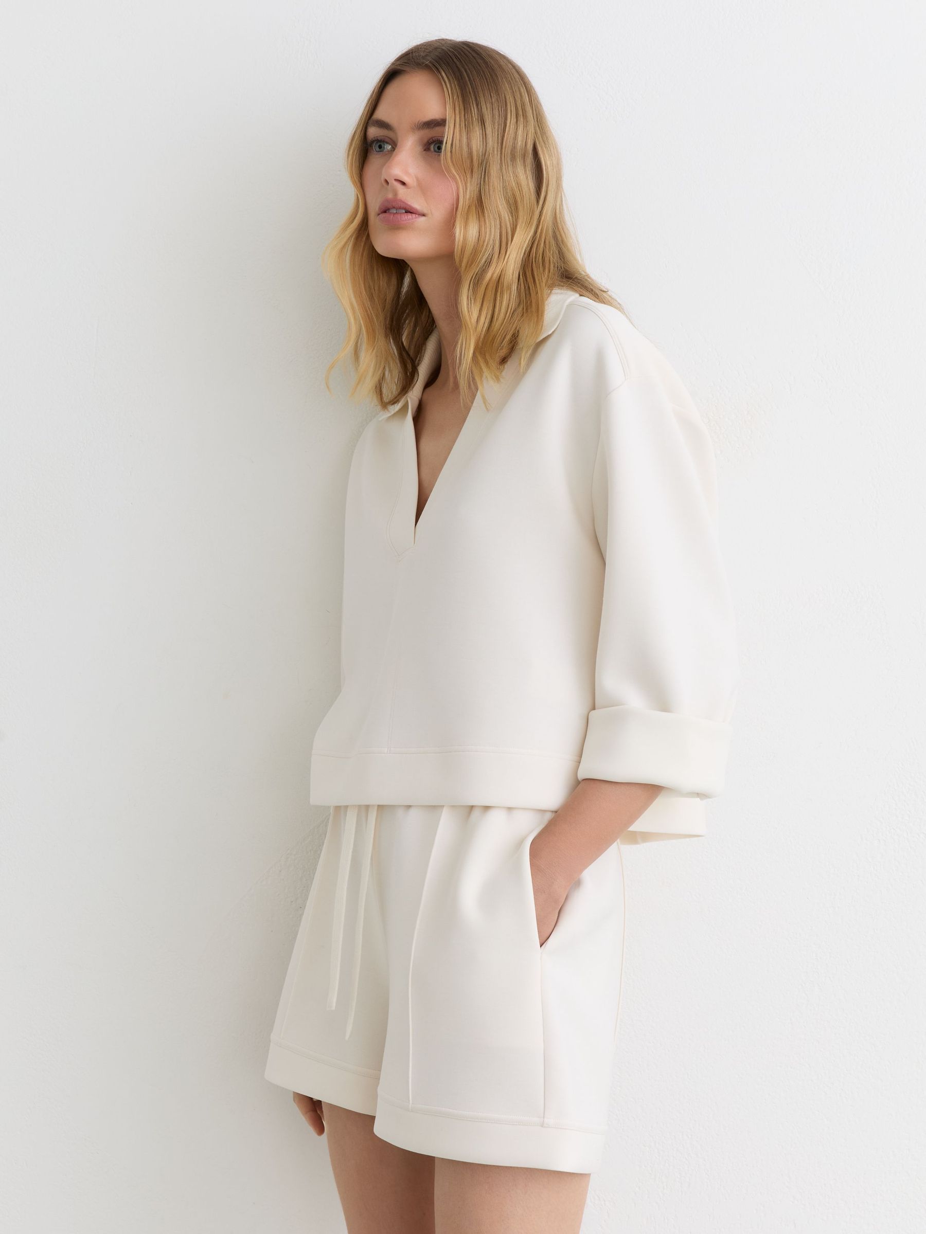 Premium Interlock Open-Collar Sweatshirt in Ivory - Image 3 of 7