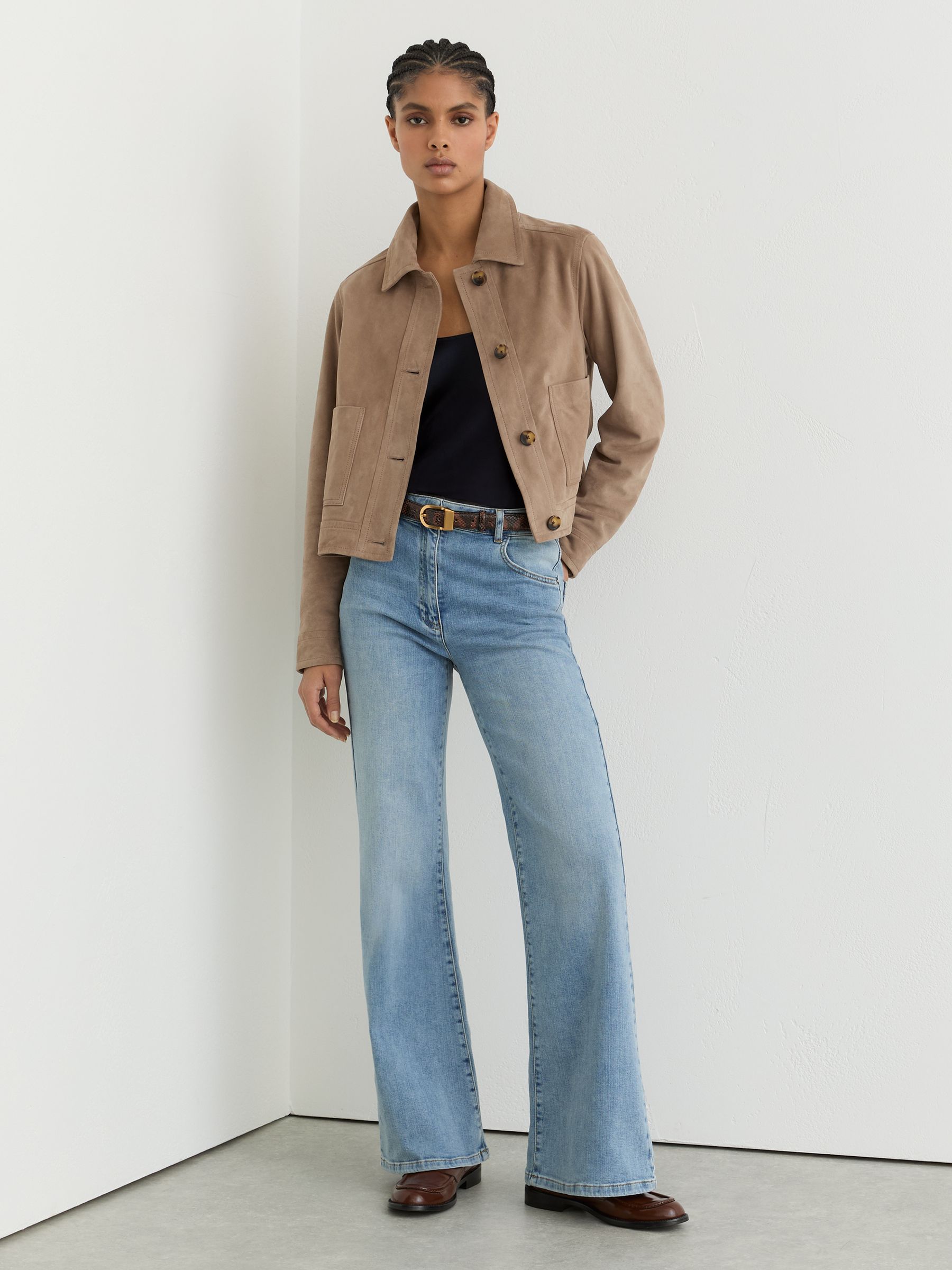 Petite Suede Cropped Trucker Jacket in Neutral - image 3