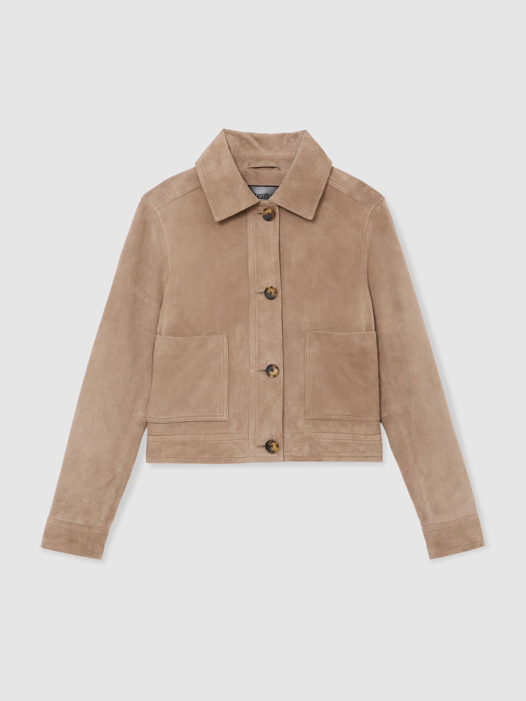 Petite Suede Cropped Trucker Jacket in Neutral - Image 2 of 8