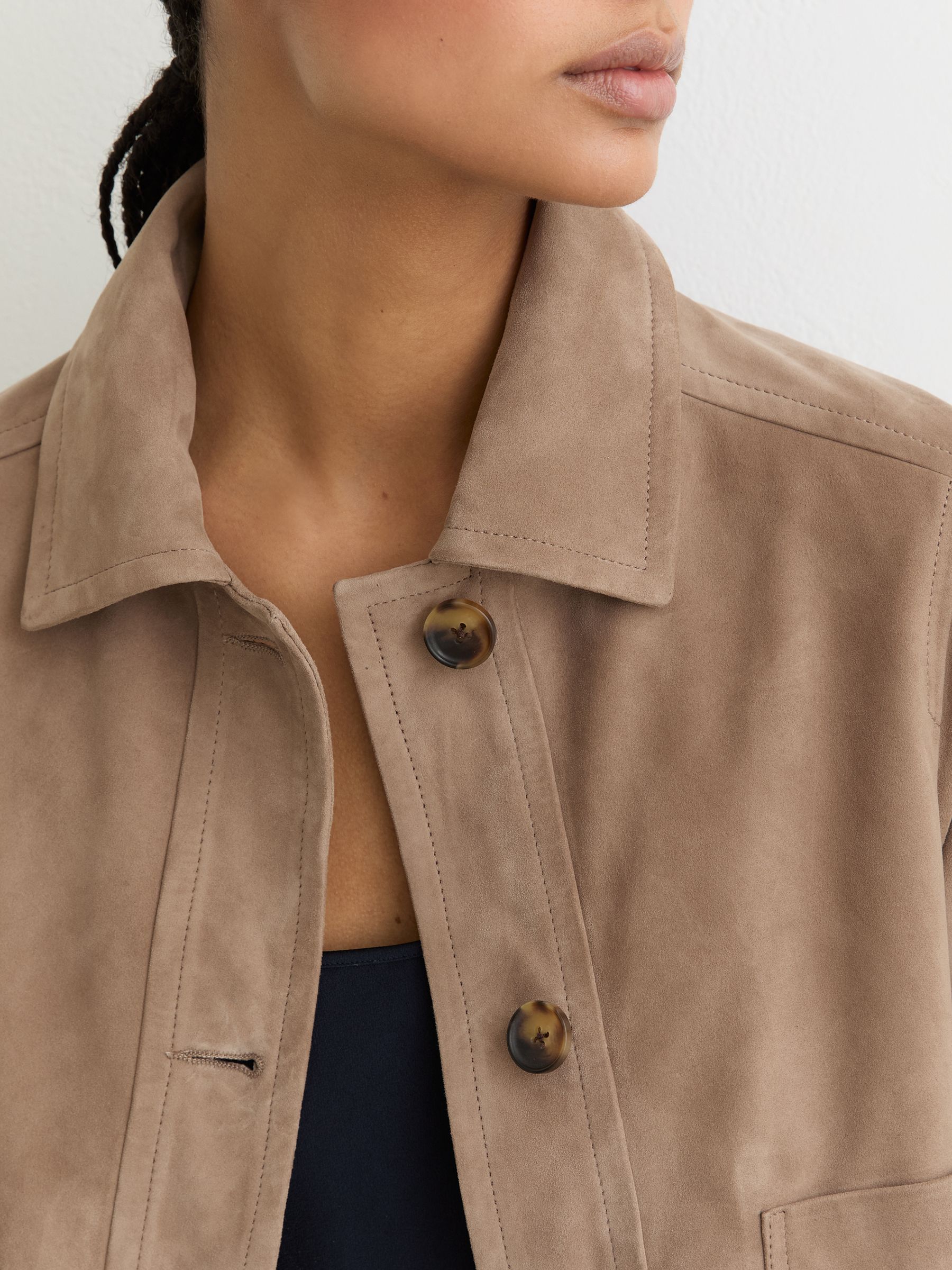 Petite Suede Cropped Trucker Jacket in Neutral - Image 4 of 8