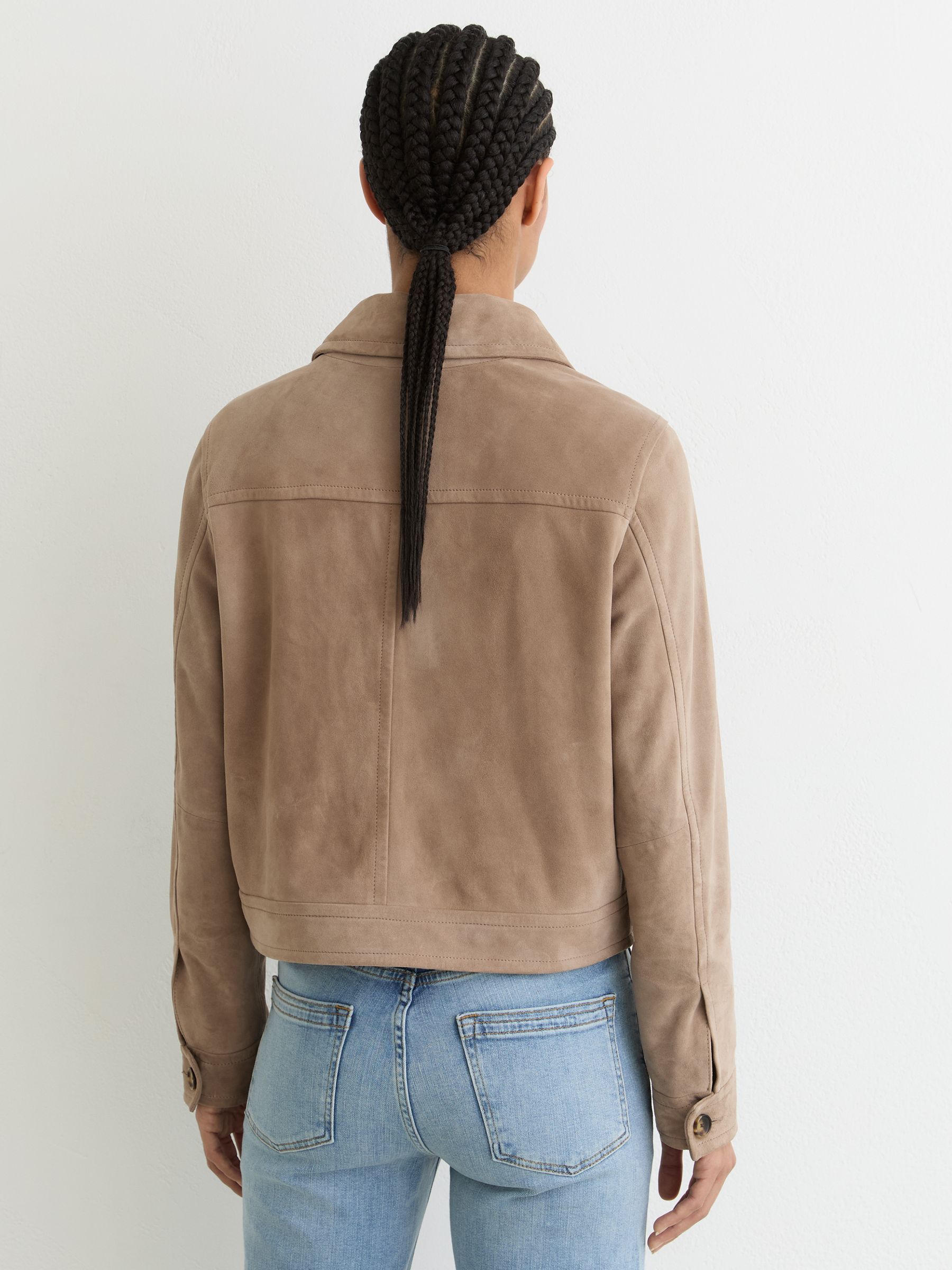 Petite Suede Cropped Trucker Jacket in Neutral - Image 5 of 8