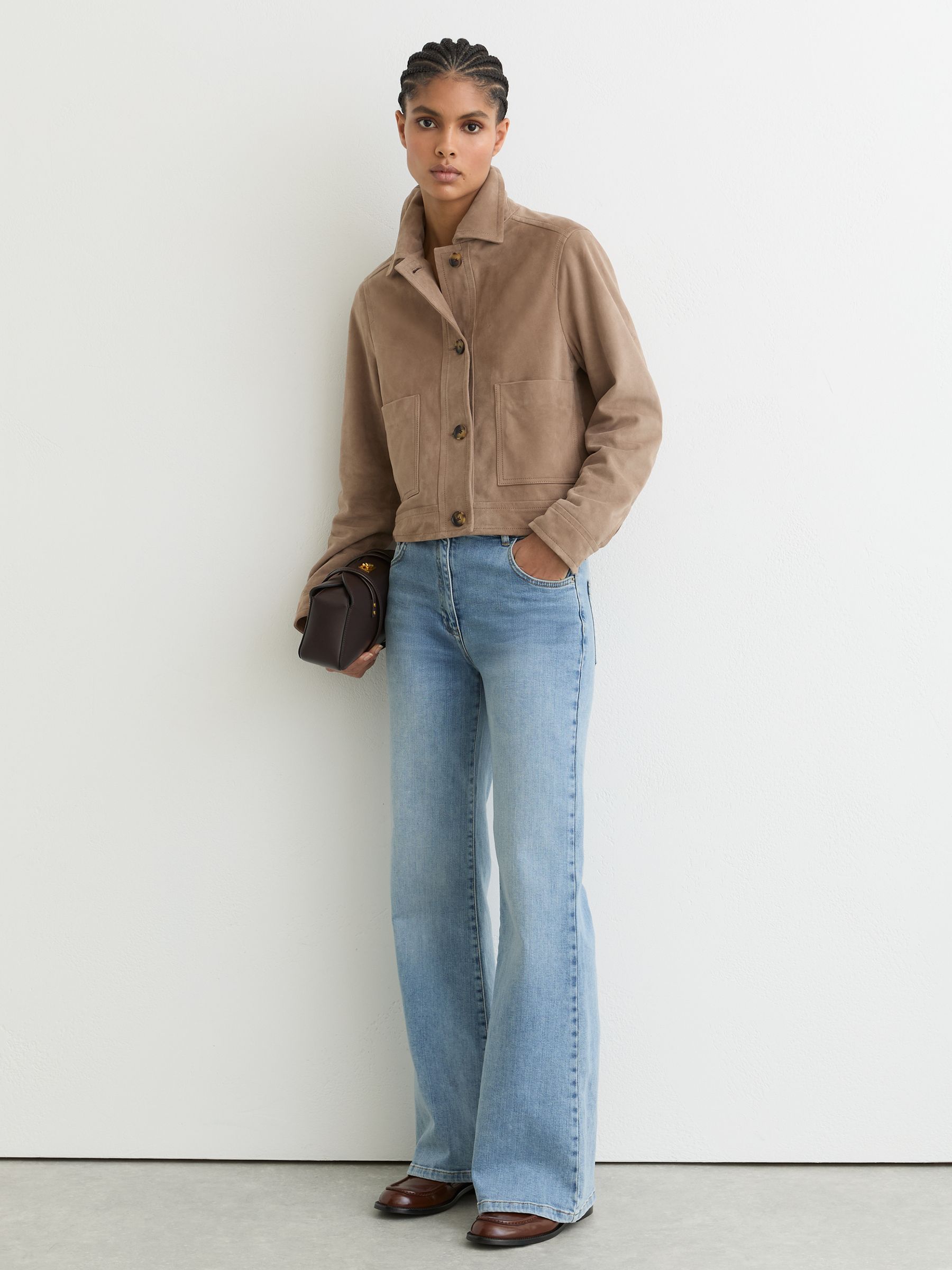 Petite Suede Cropped Trucker Jacket in Neutral - image 5