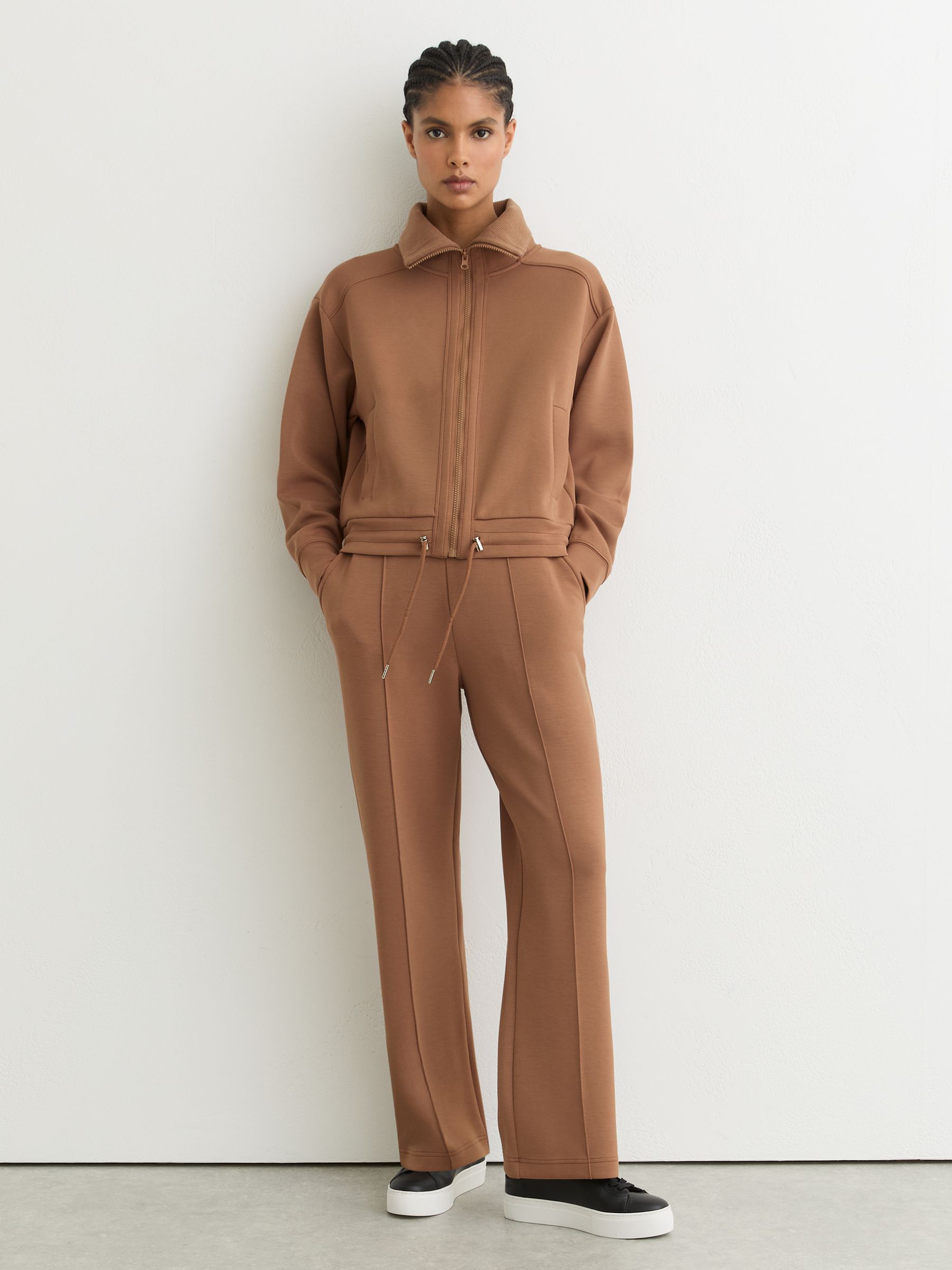 Premium Interlock Wide-Leg Joggers in Camel - Image 1 of 8