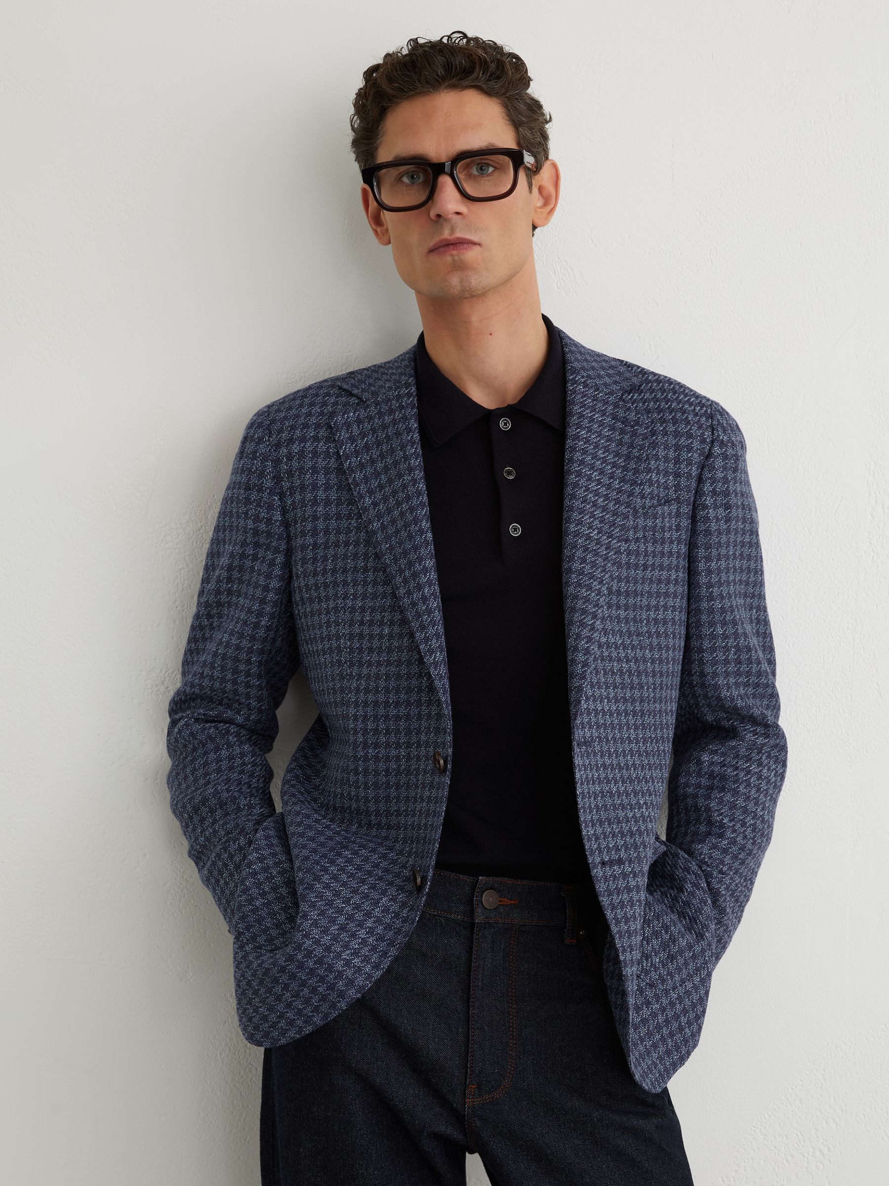 Wool-Blend Single-Breasted Check Blazer With Linen in Navy - Image 1 of 8