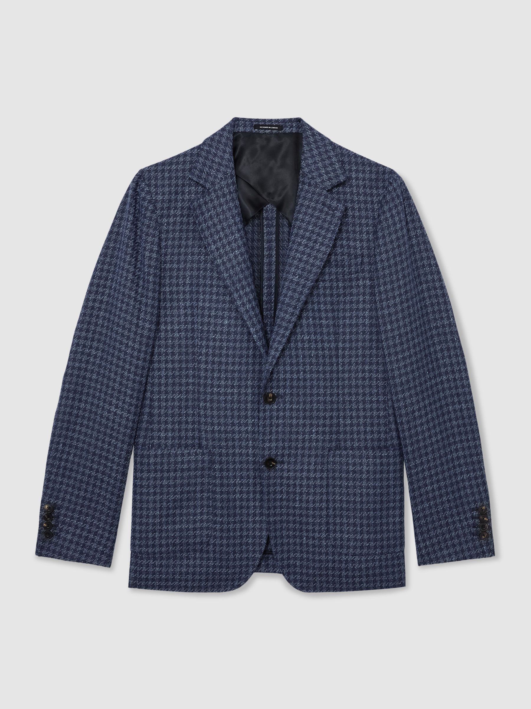 Wool-Blend Single-Breasted Check Blazer With Linen in Navy - Image 2 of 8