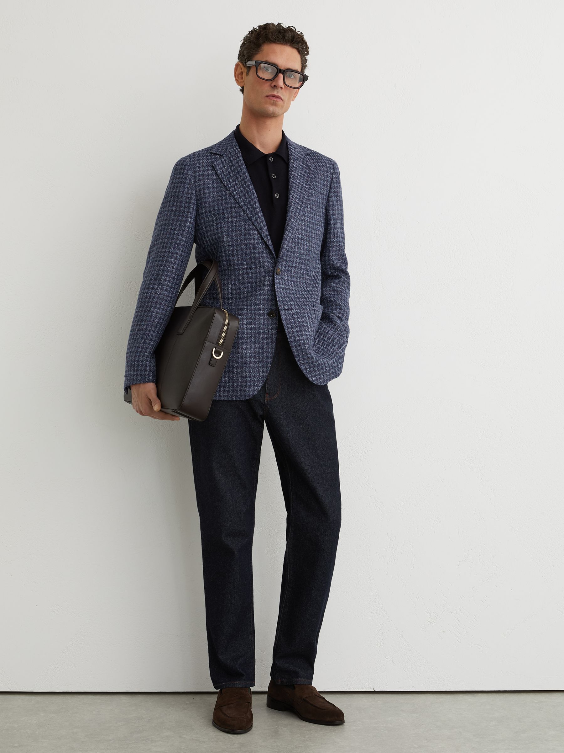 Wool-Blend Single-Breasted Check Blazer With Linen in Navy - Image 5 of 8