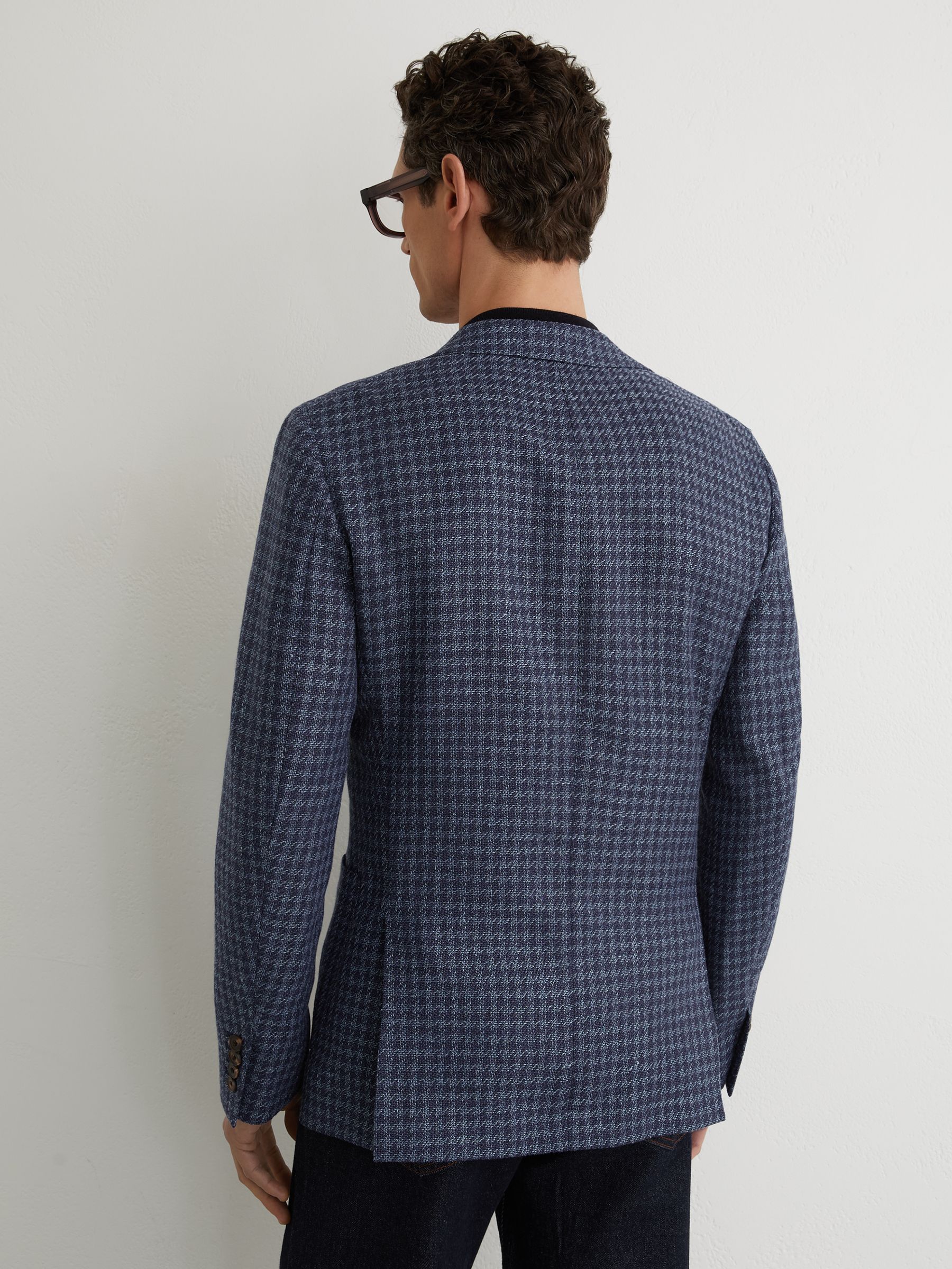 Wool-Blend Single-Breasted Check Blazer With Linen in Navy - Image 6 of 8