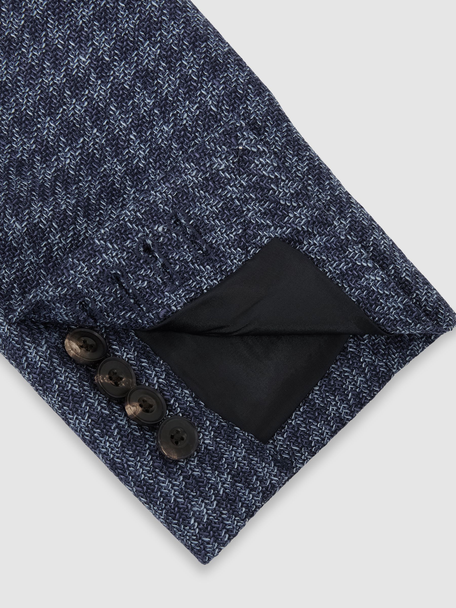 Wool-Blend Single-Breasted Check Blazer With Linen in Navy - image 4