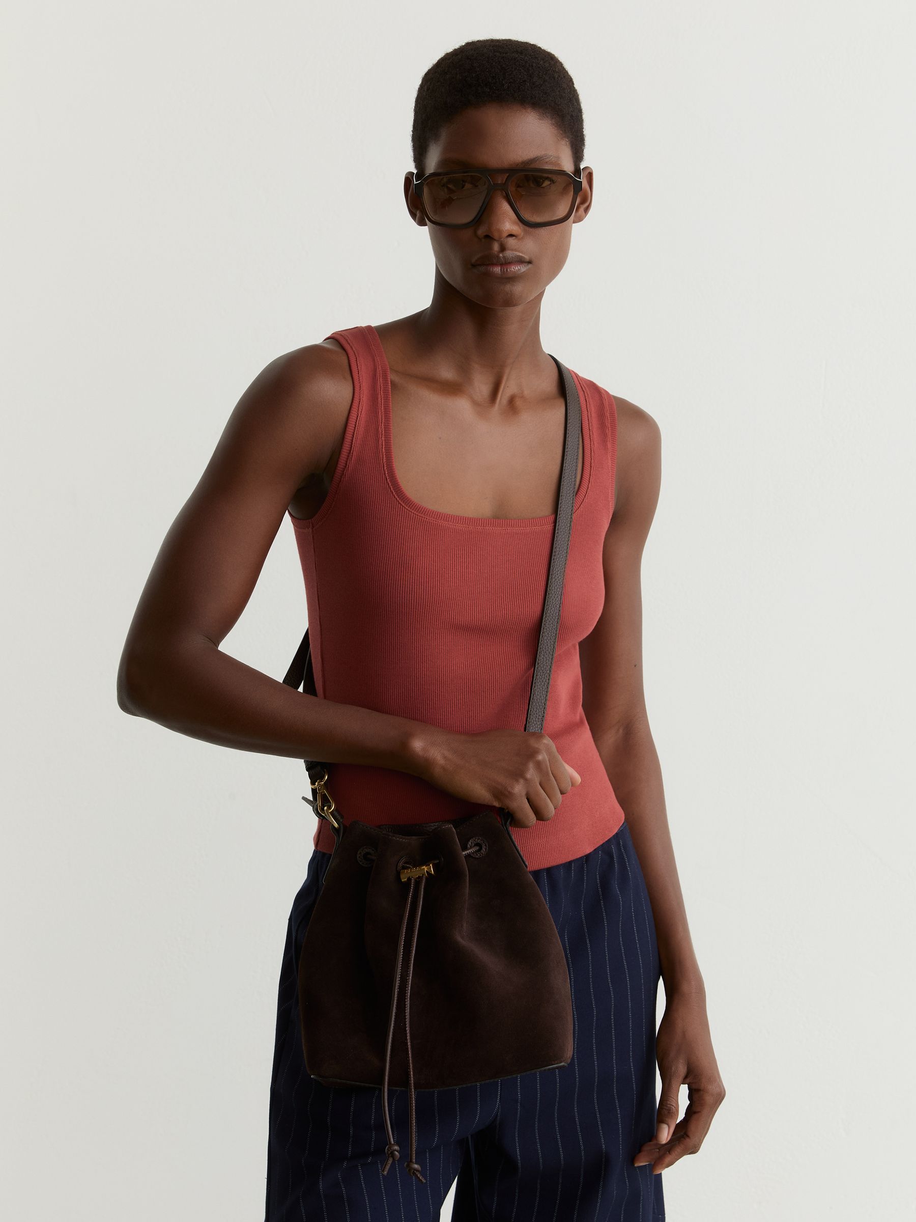 Stretch-Cotton Ribbed Square-Neck Vest in Rust Red - Image 1 of 7