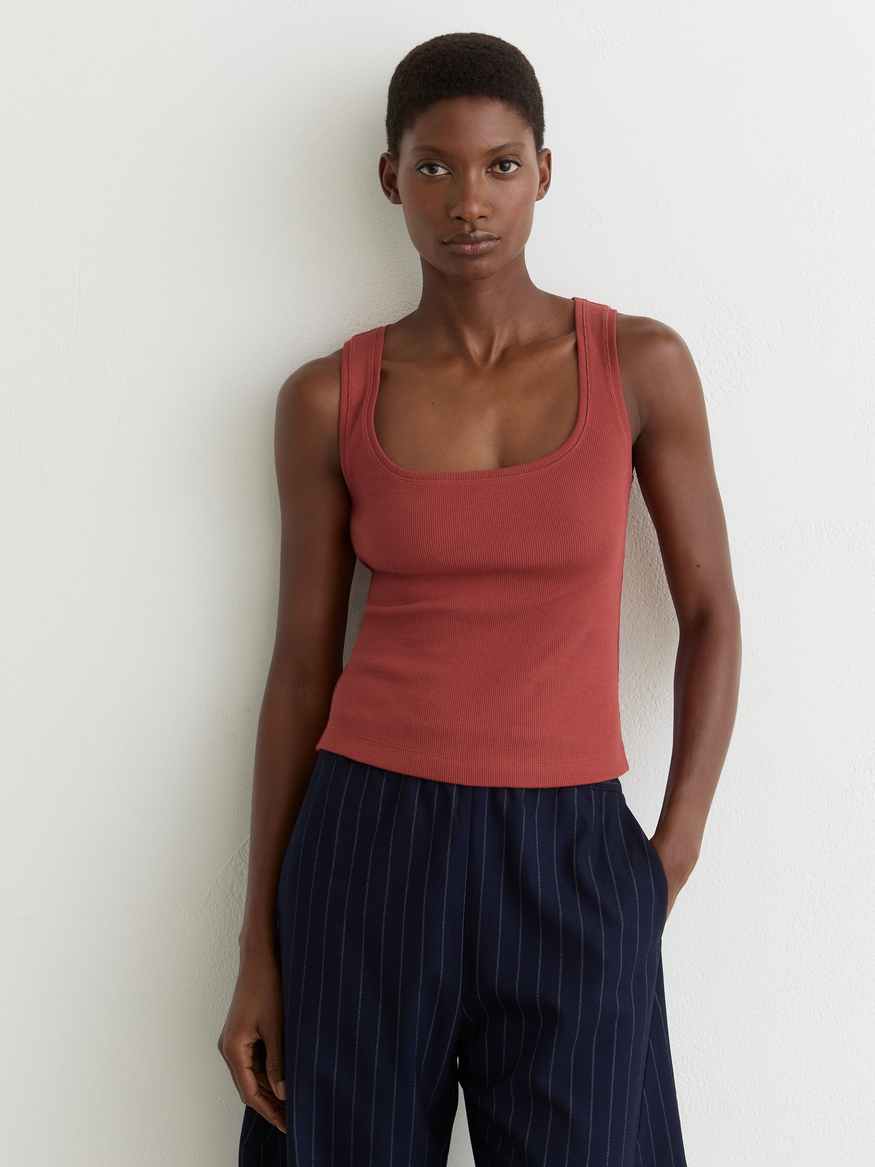 Stretch-Cotton Ribbed Square-Neck Vest in Rust Red - Image 4 of 7