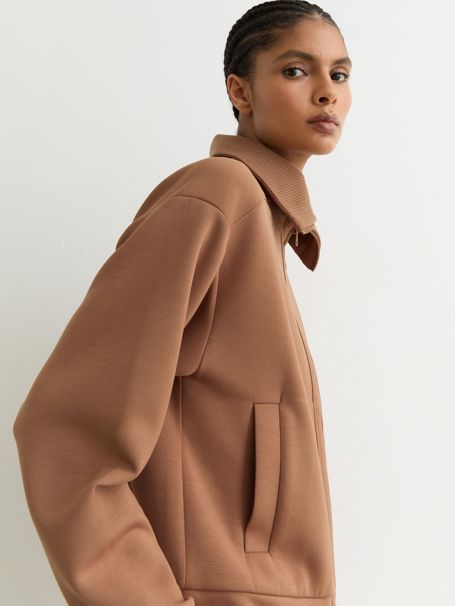 Premium Interlock Zip-Front Sweatshirt in Camel - Image 1 of 7