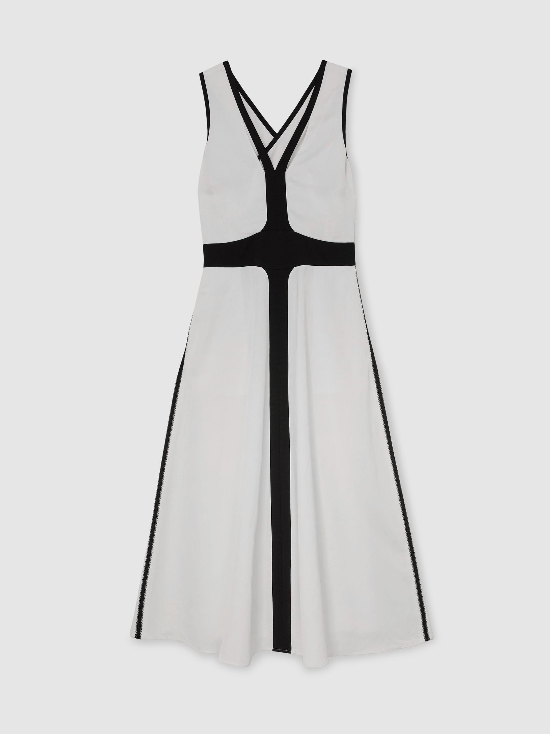Contrast-Trim Cross-Back Midi Dress with Linen in Ivory/Black - image 1