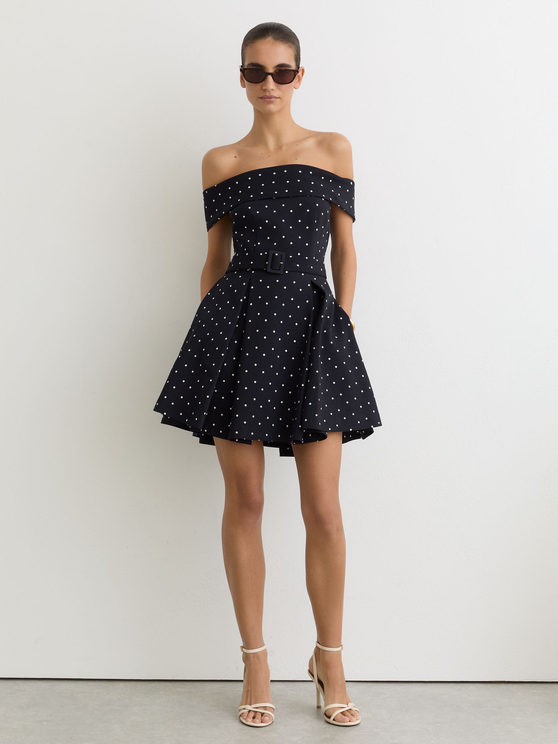 Off-Shoulder Mini Dress in Polka-Dot Navy/Ivory - image 2