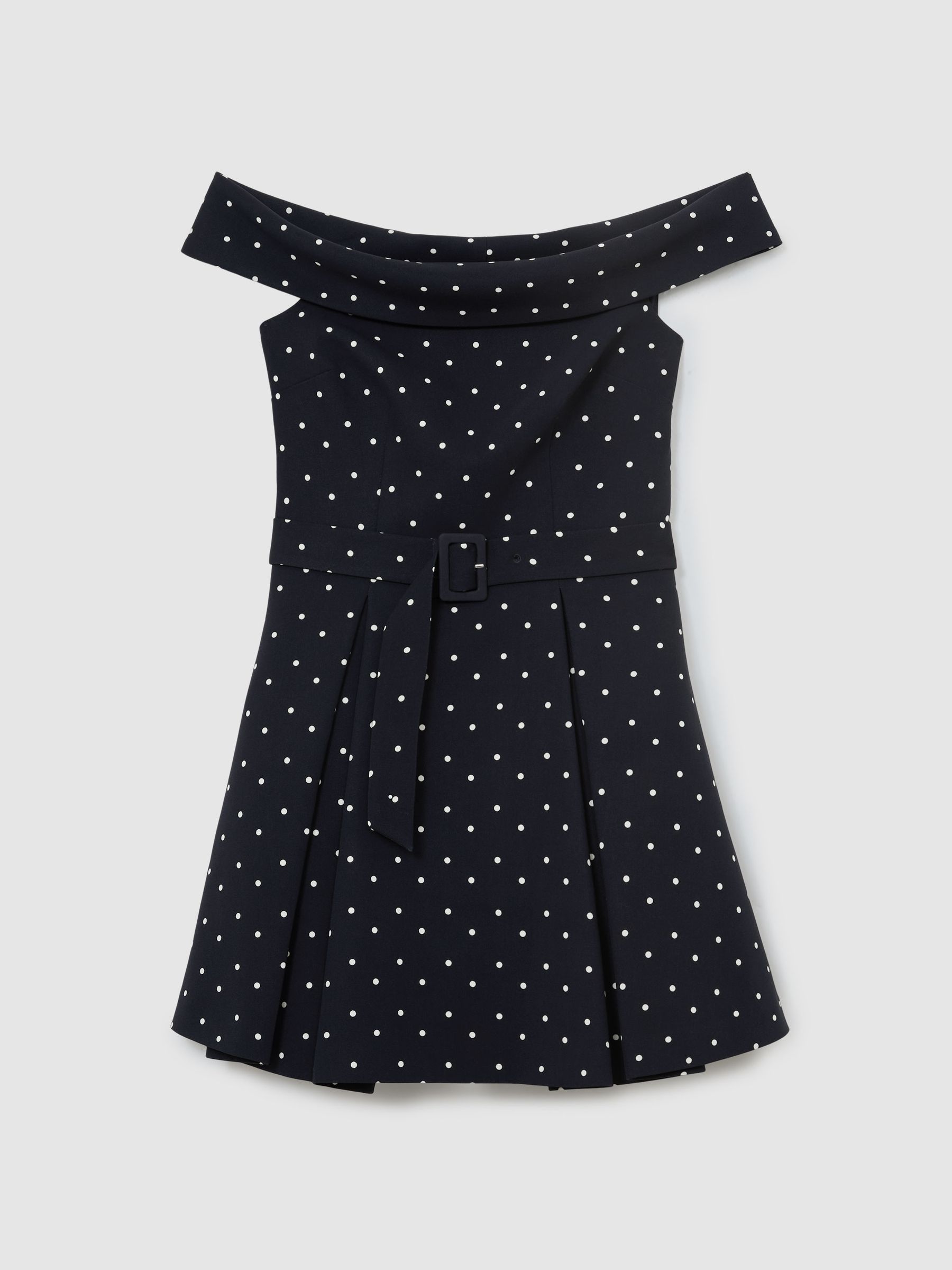 Off-Shoulder Mini Dress in Polka-Dot Navy/Ivory - image 1