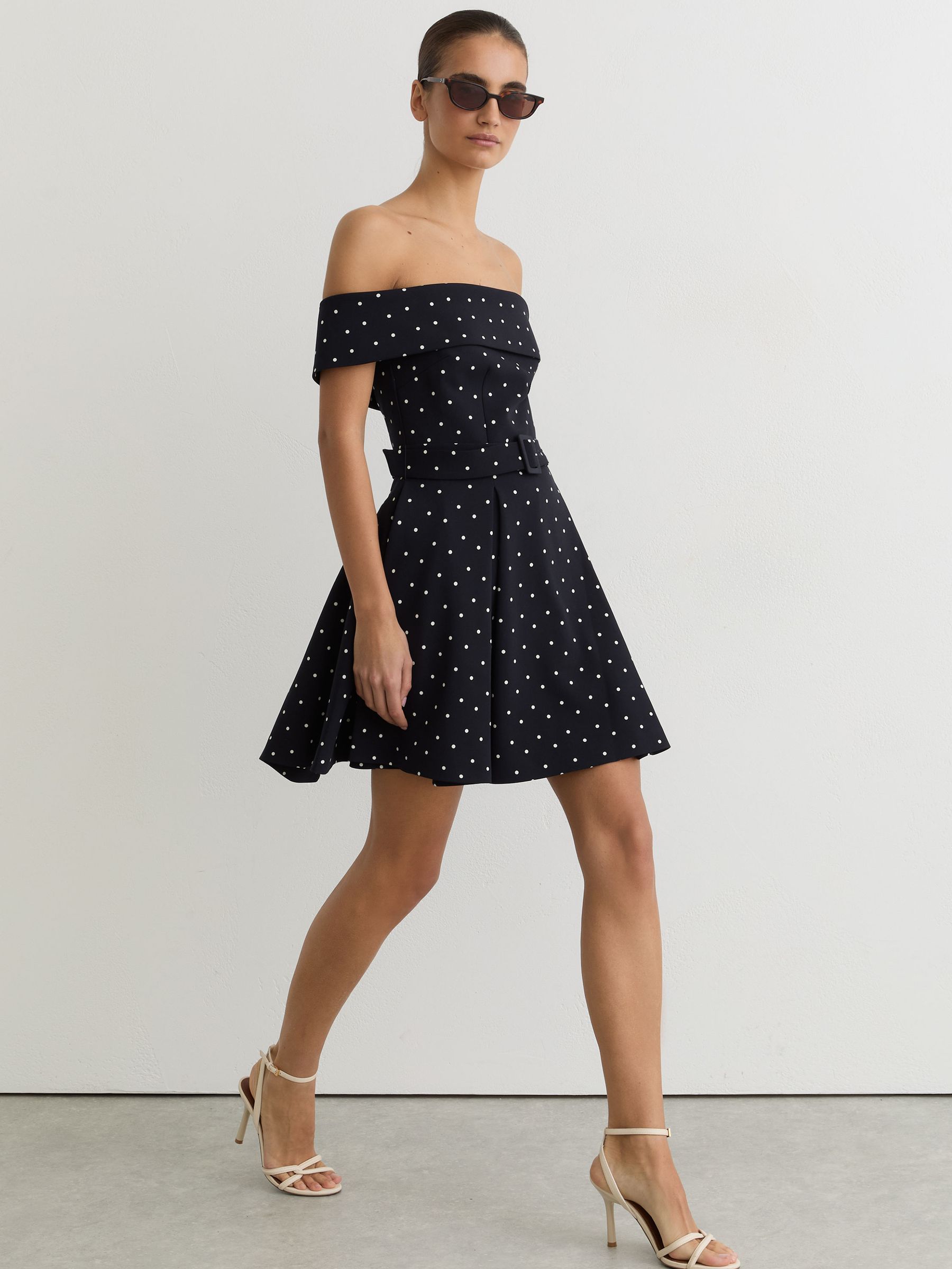 Off-Shoulder Mini Dress in Polka-Dot Navy/Ivory - image 4