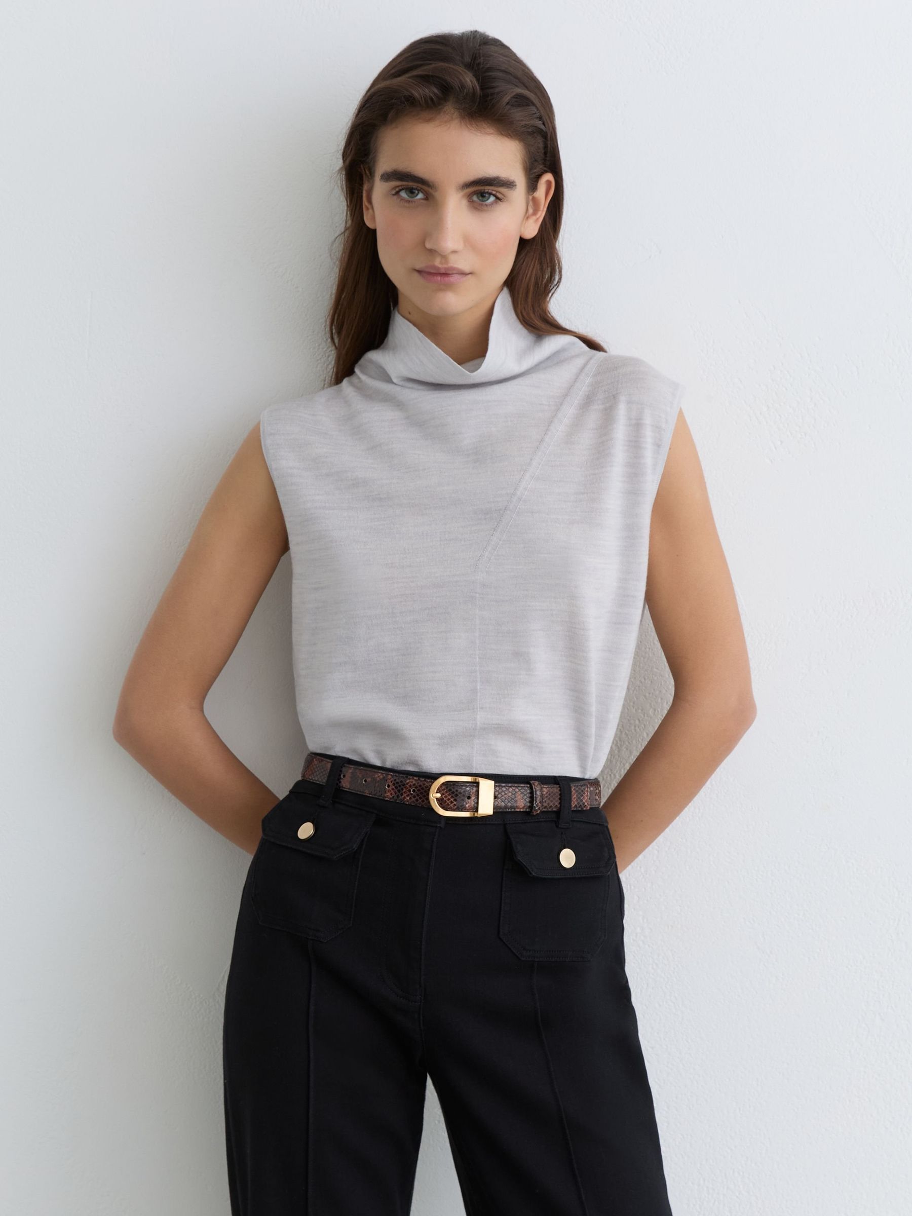 Wool Funnel-Neck Sleeveless Knit Top in Grey Marl - Image 1 of 6