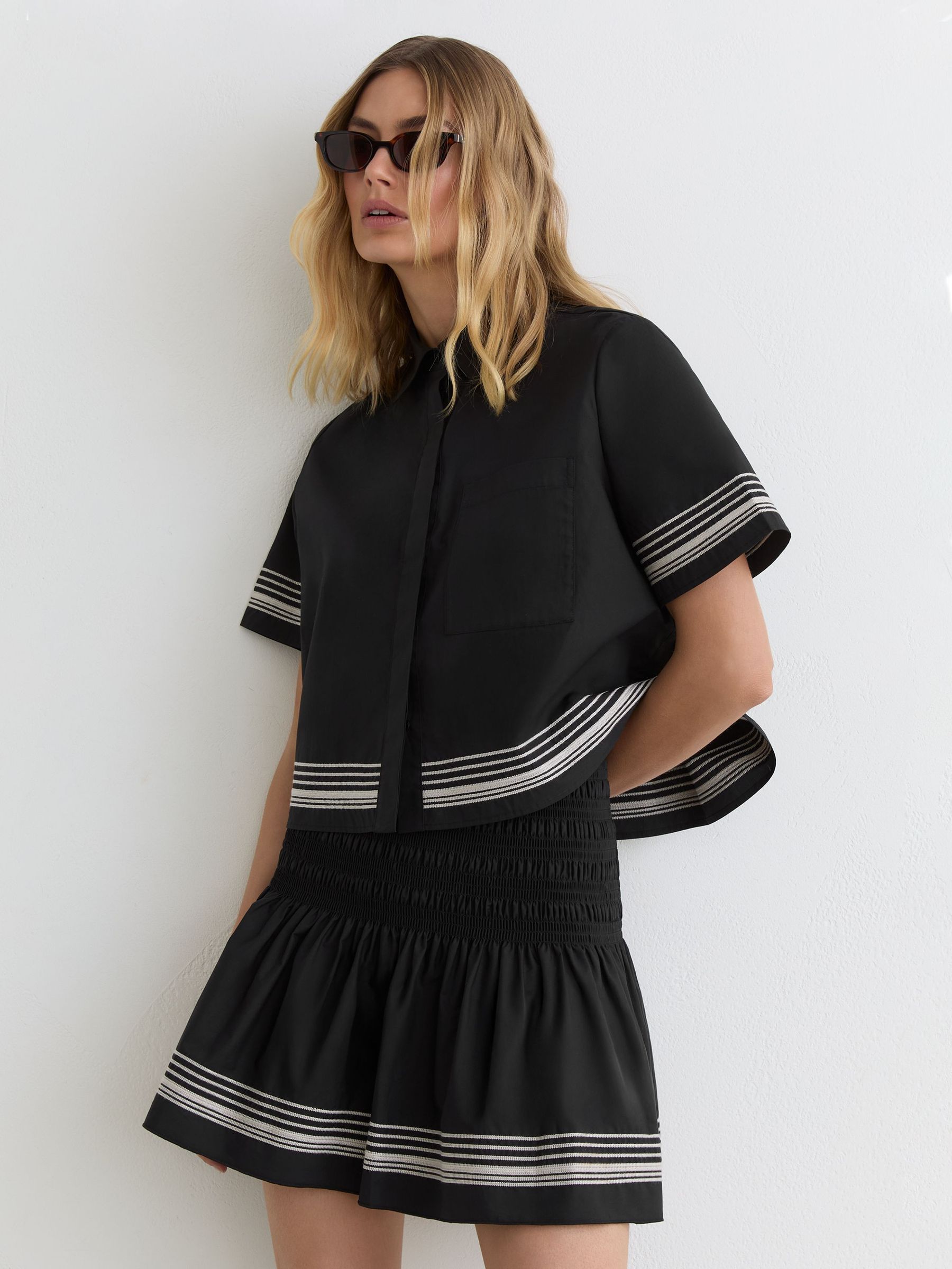 Cotton Stripe-Detail Mini Skirt in Black/Ivory - image 3