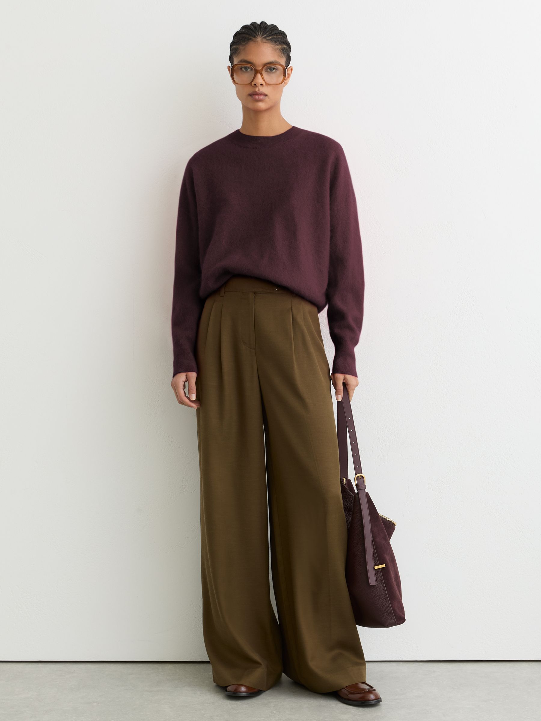 Brushed Cashmere Crew Neck Jumper in Burgundy - Image 3 of 6