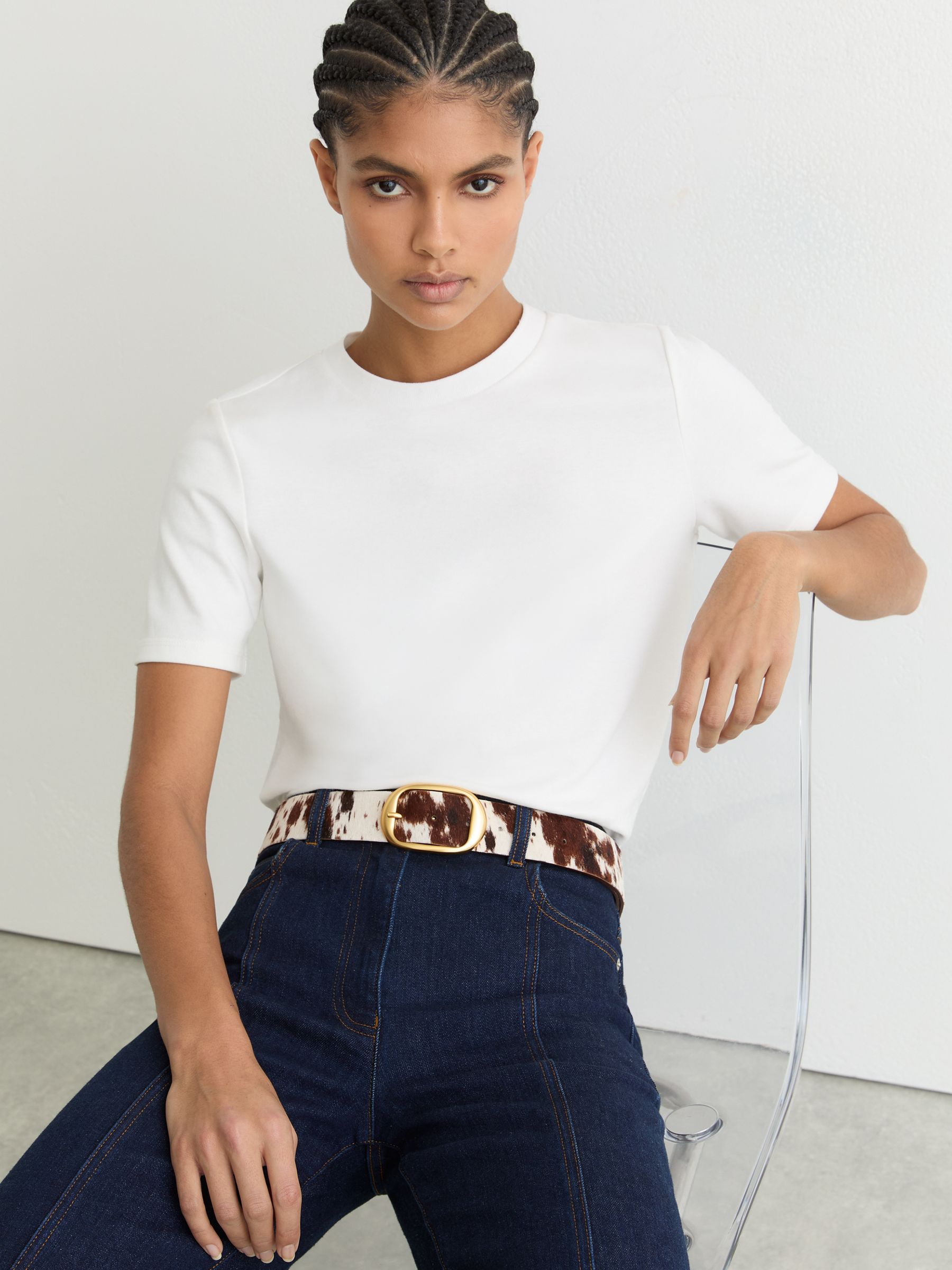Pony Hair Cow-Print Oval-Buckle Belt in Animal - image 4