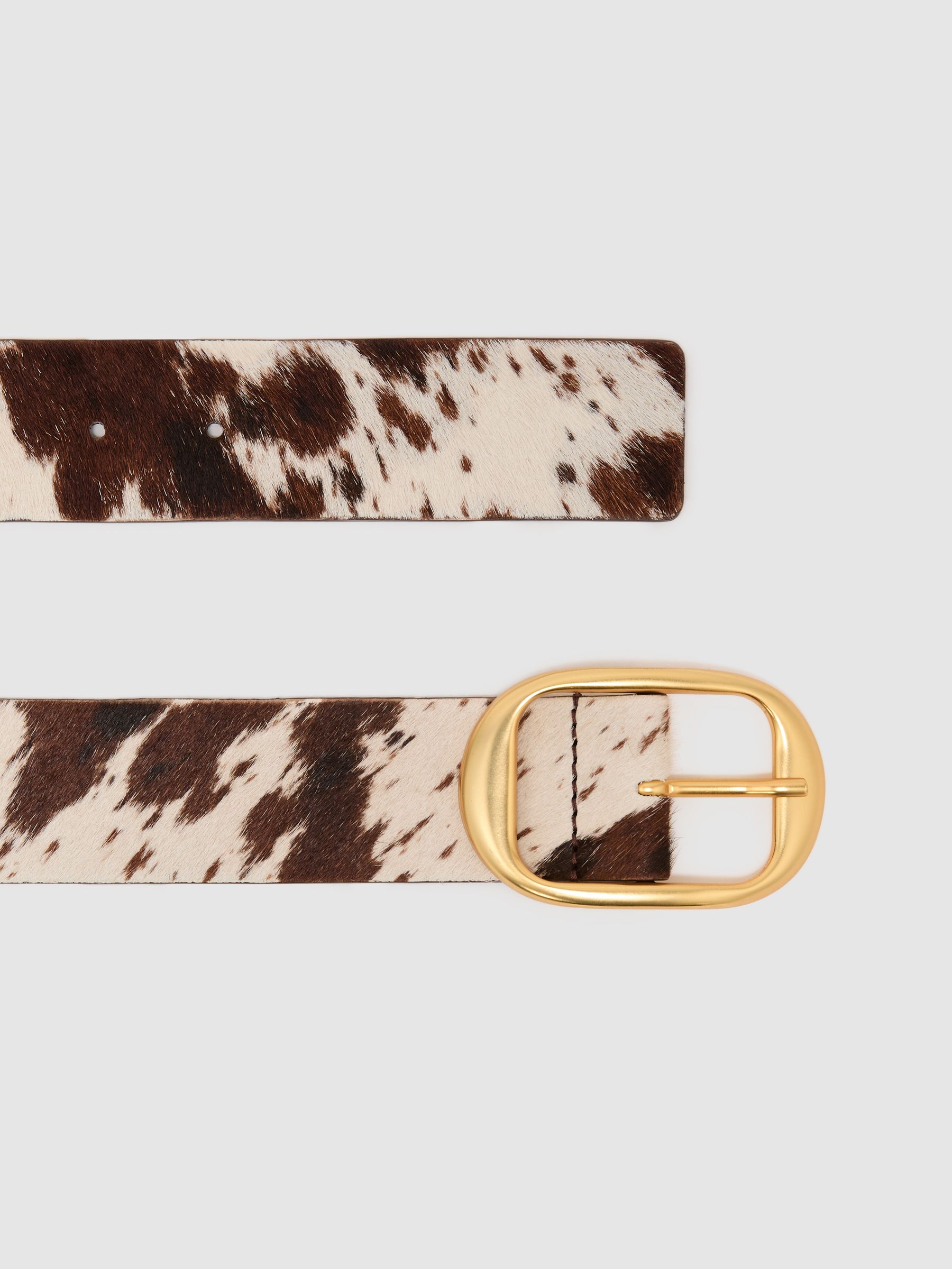 Pony Hair Cow-Print Oval-Buckle Belt in Animal - Image 3 of 4