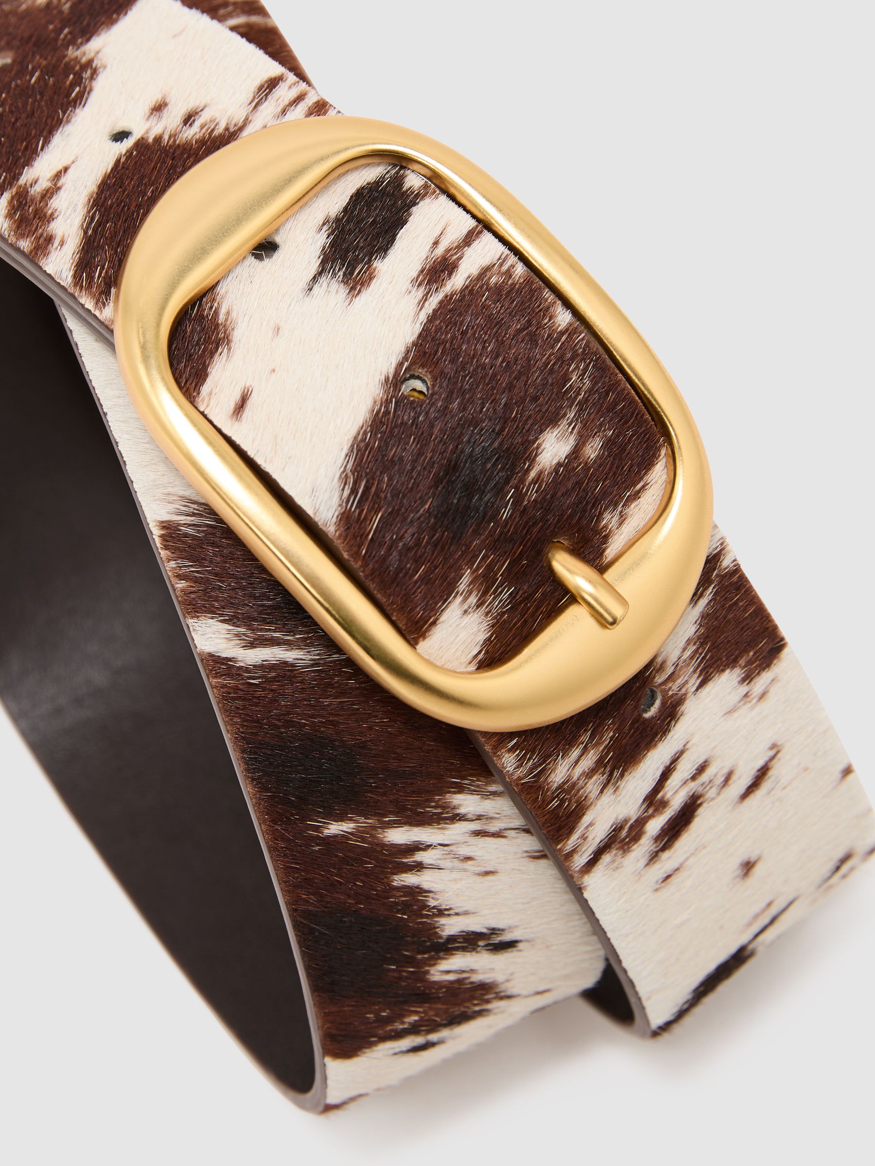 Pony Hair Cow-Print Oval-Buckle Belt in Animal - Image 4 of 4