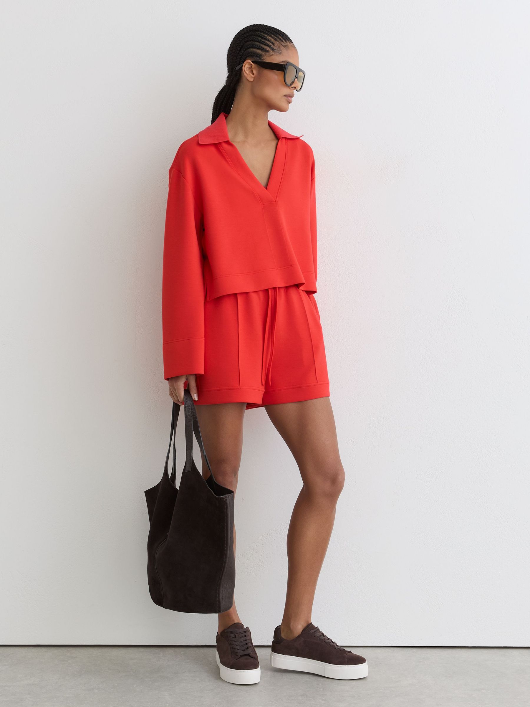 Premium Interlock Open-Collar Sweatshirt in Coral Red - Image 3 of 7