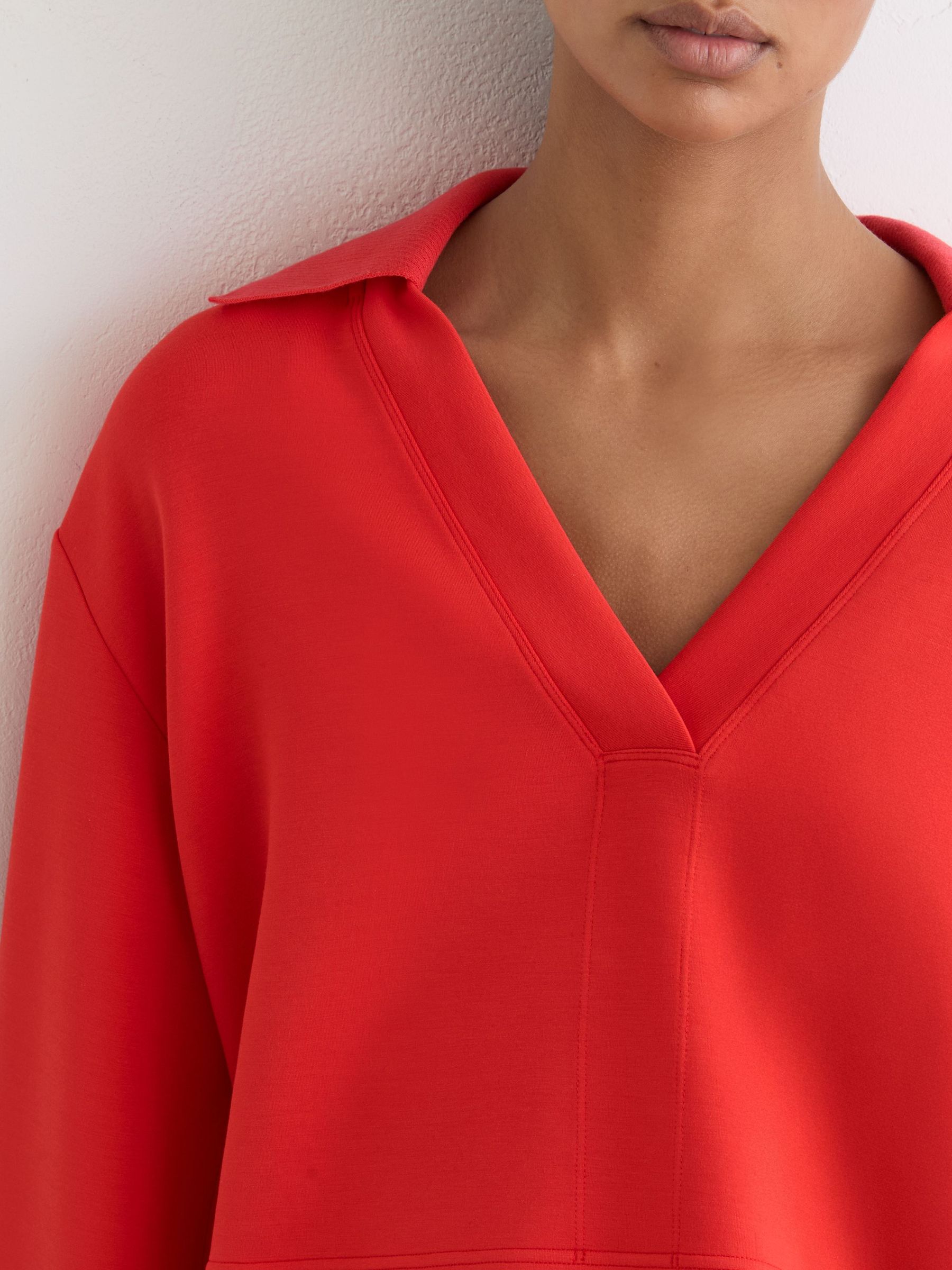 Premium Interlock Open-Collar Sweatshirt in Coral Red - Image 4 of 7